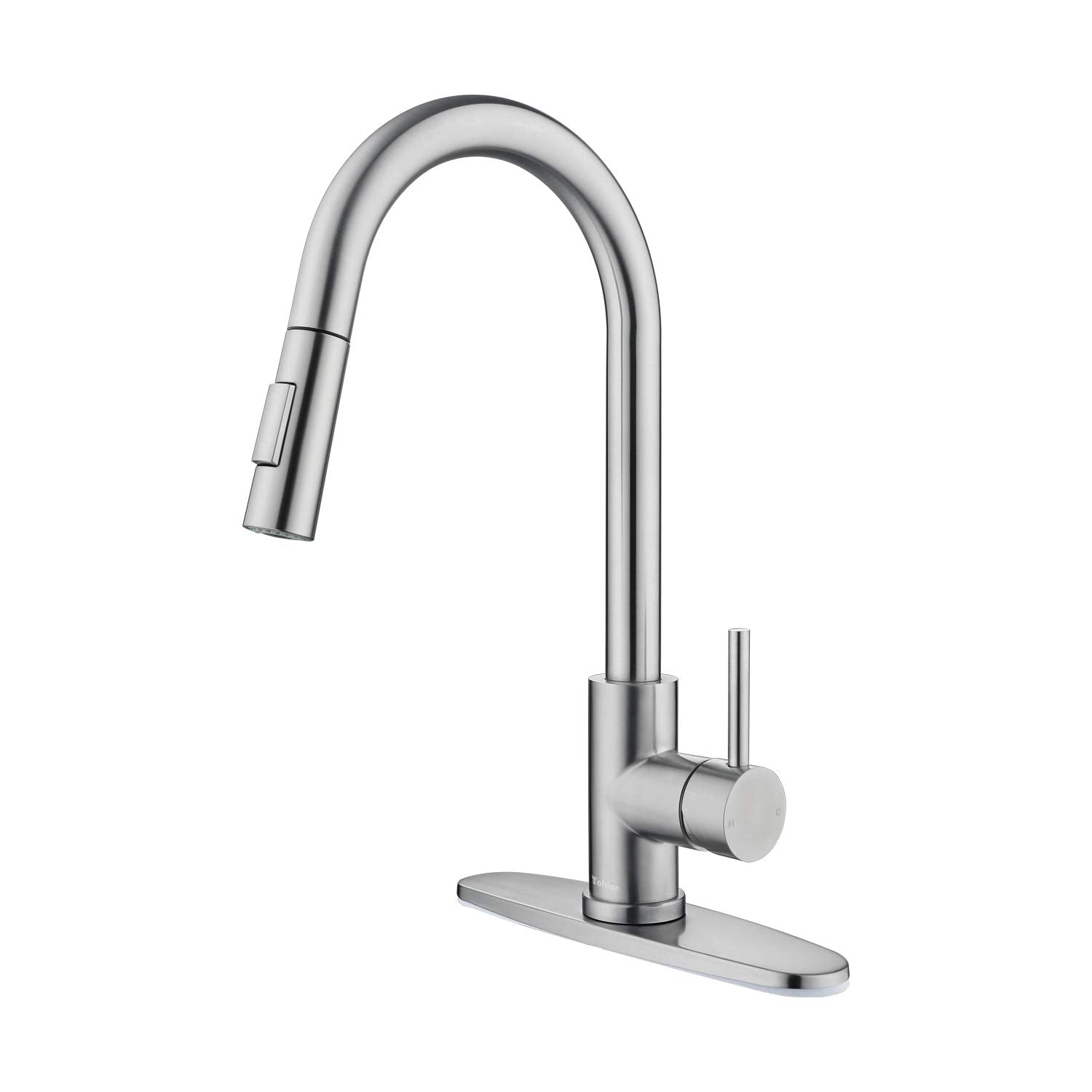 Tohlar Kitchen Sink Faucets With Pull-Down Sprayer, Modern Stainless Steel Single Handle Pull Down Sprayer Faucet With Deck Plate