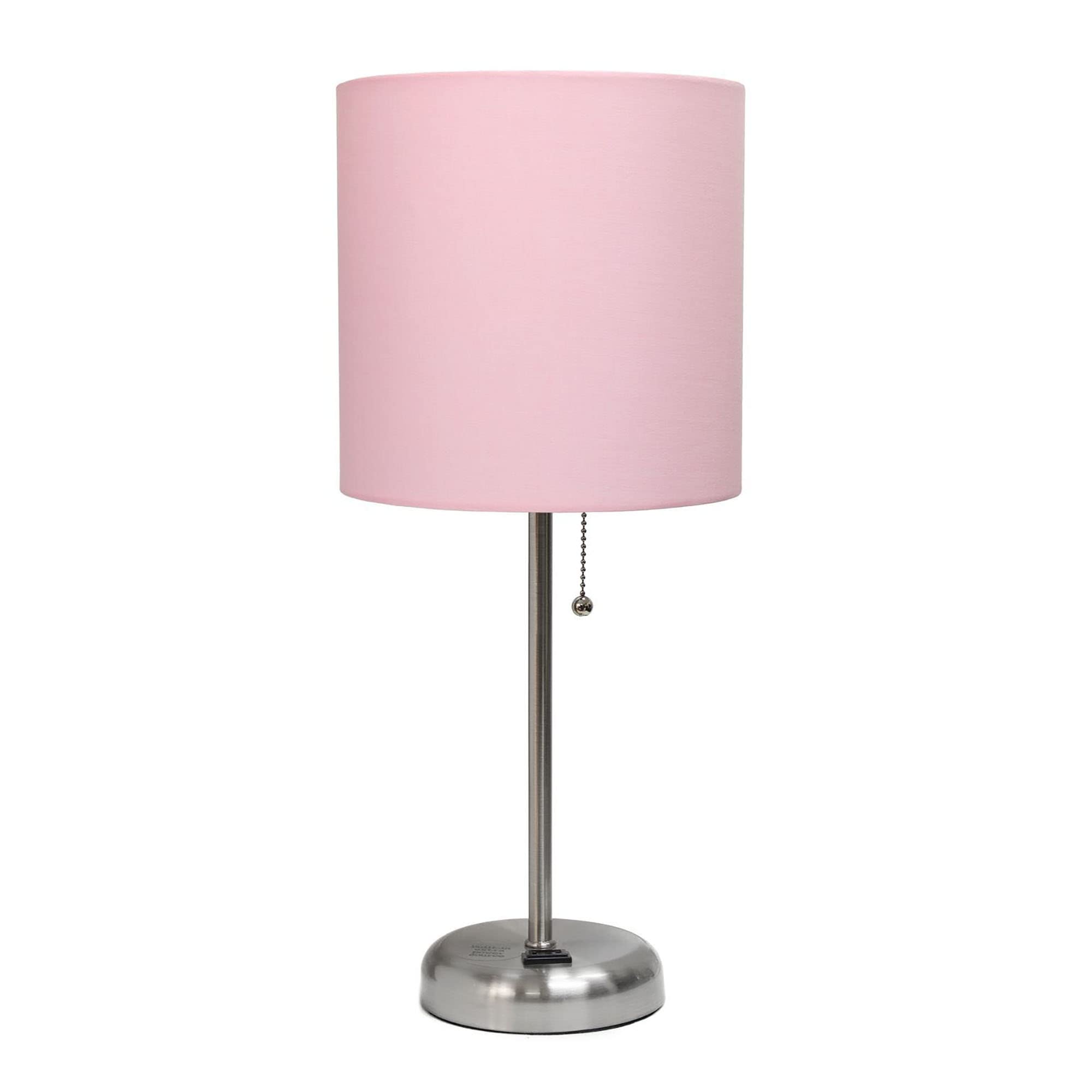 Creekwood Home Oslo 19.5" Contemporary Bedside Power Outlet Base Standard Metal Table Desk Lamp In Brushed Steel With Light Pink Drum Fabric Shade