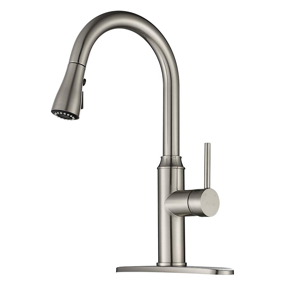 Arofa Kitchen Faucet With Pull Down Sprayer - Brushed Nickel Kitchen Sink Faucets 1/3 Hole Single Handle High Arc Stainless Steel Commercial Modern Faucet A01Ly