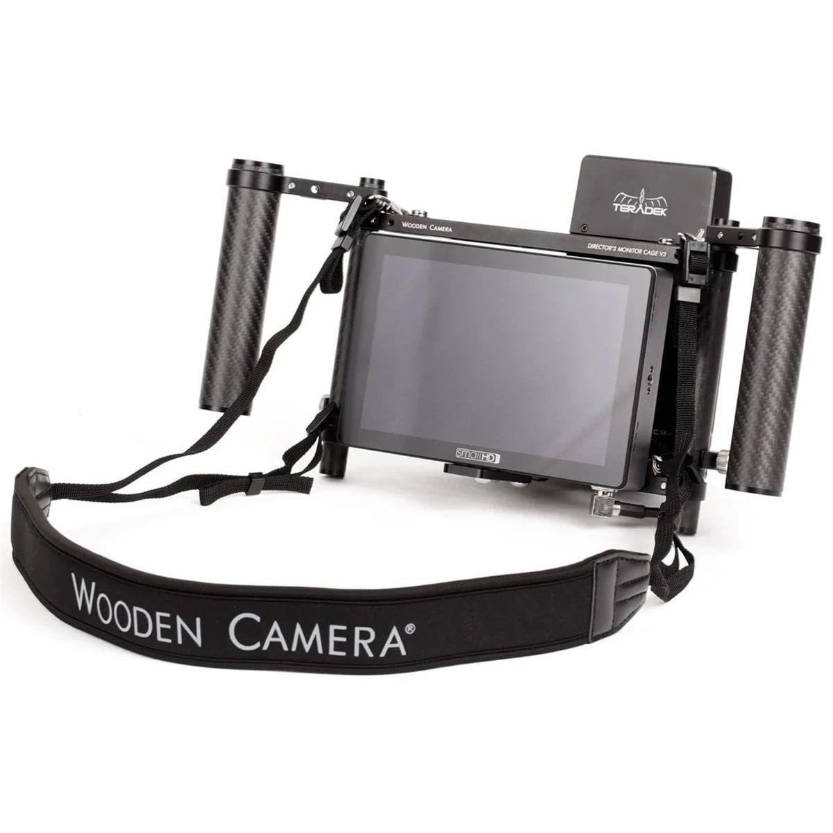 Wooden Camera Director'S Monitor Cage V3 With Carbon Fiber Handgrips, Universally Compatible With Any Monitor Up To 9 Inches, Includes Neck Strap And Sun Shade