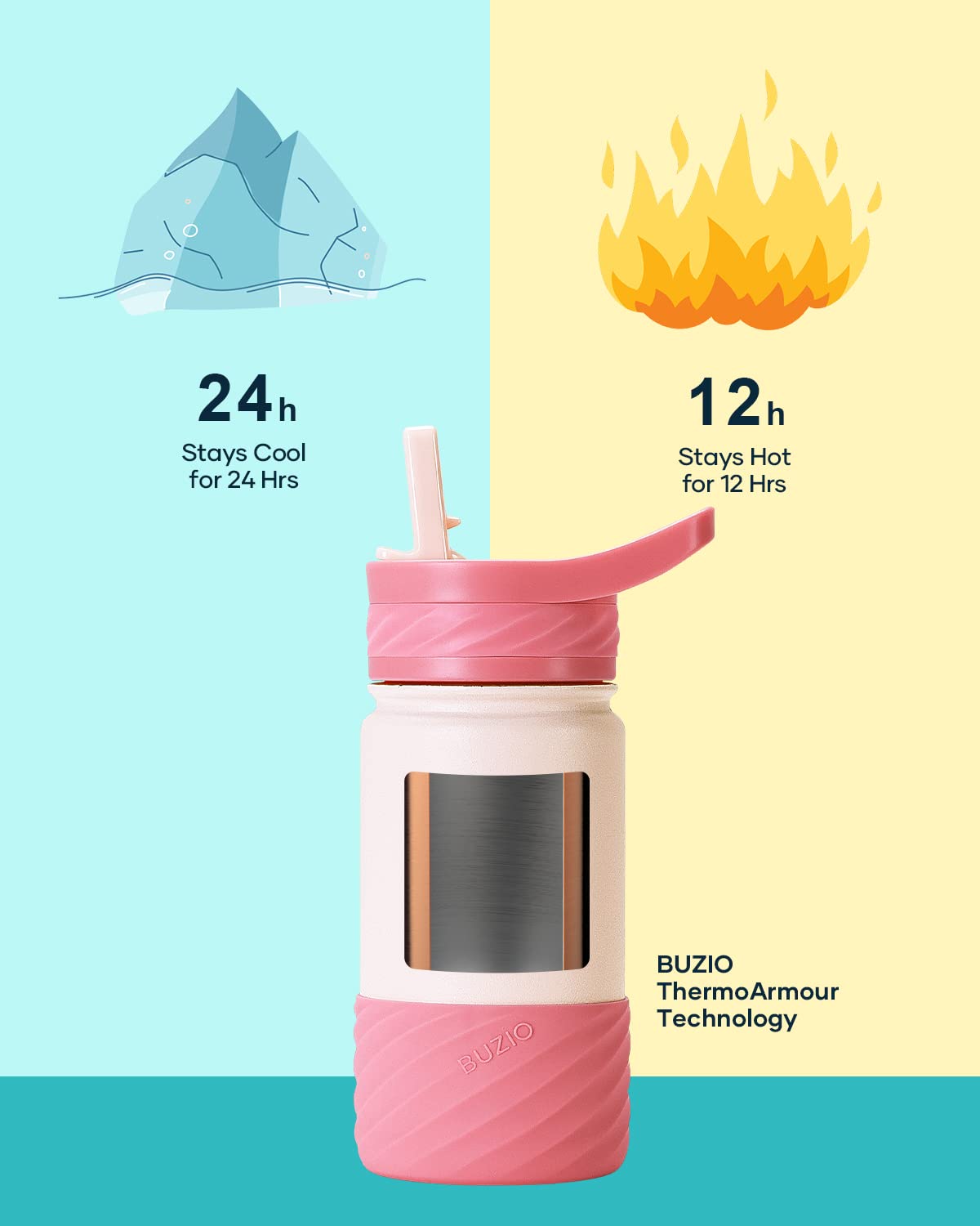 Buzio 14Oz Kids Water Bottle Stainless Steel Insulated Metal Water Bottles With Straw For Toddlers