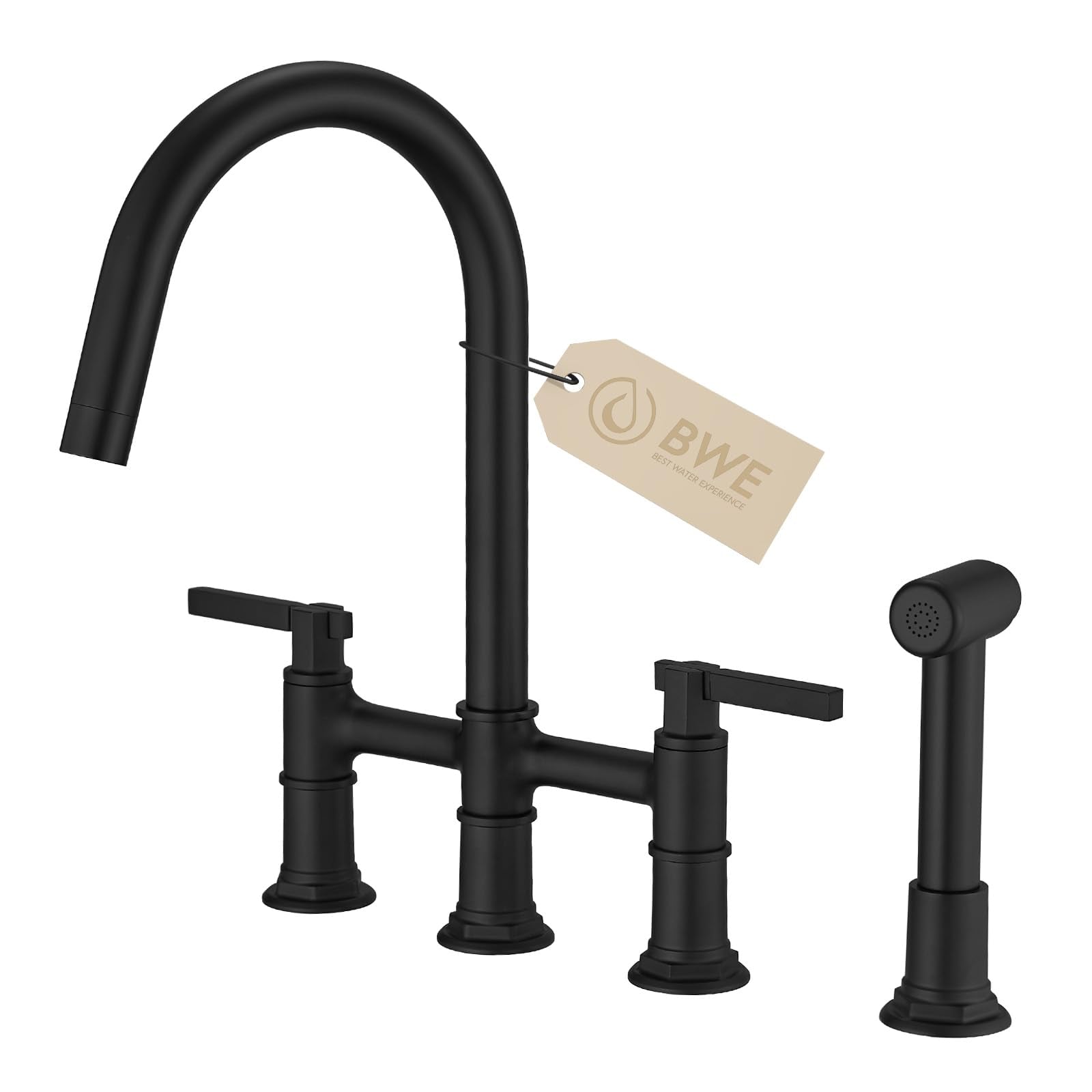 Bwe Brass Kitchen Faucet Bridge Kitchen Sink Faucet With Side Sprayer 2 Handles 4 Hole Farmhouse Kitchen Faucet Deck Mount Matte Black