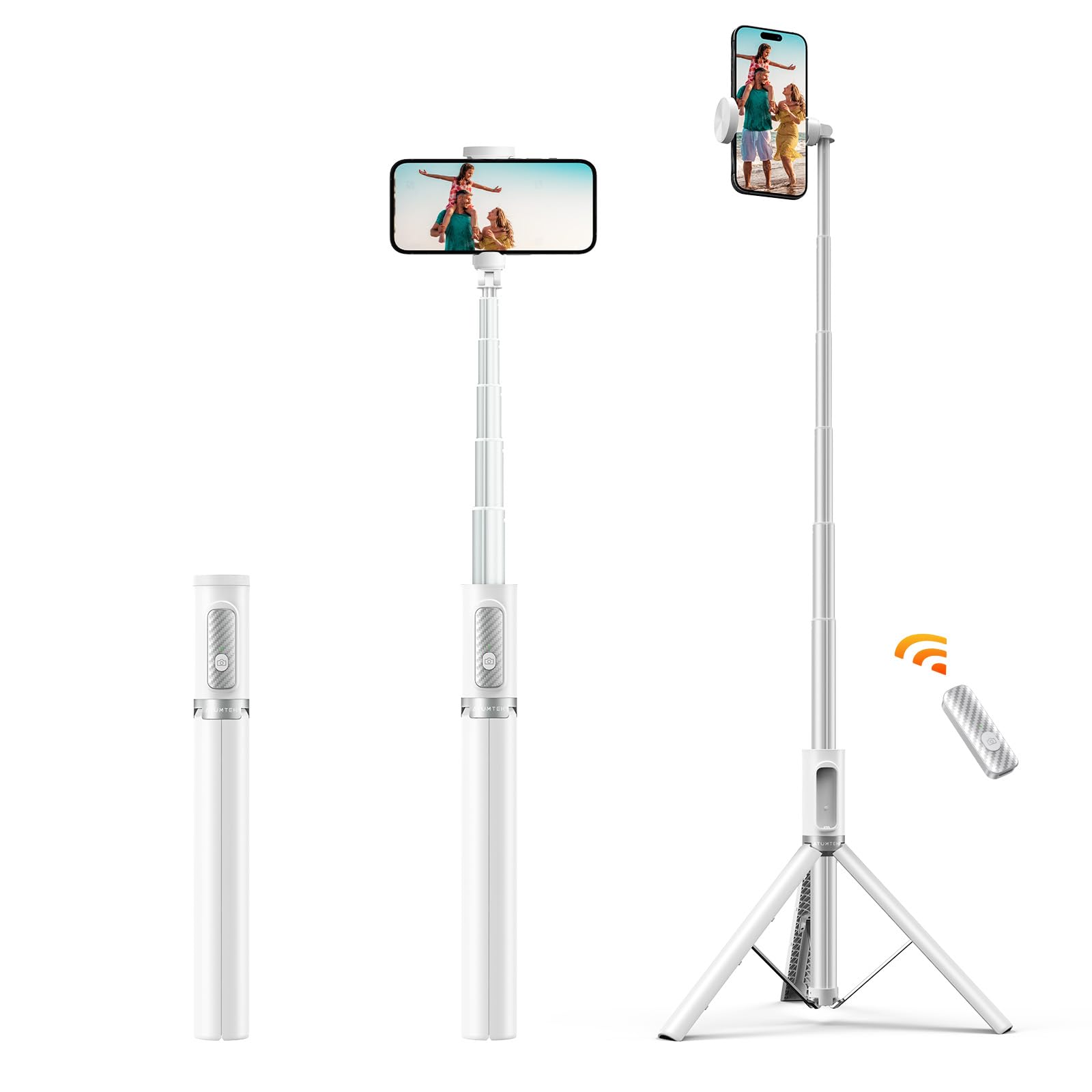 Atumtek 62" Selfie Stick Tripod, Extendable Aluminum Tripod With Rechargeable Bluetooth Remote, Compatible With Iphone And Android Smartphones, Perfect For Travel, Vlog, Video And Photo, White