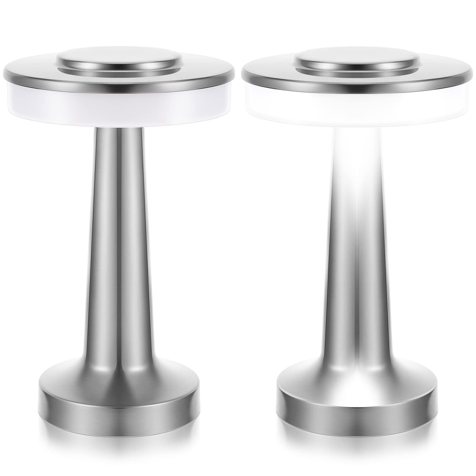 Riakrum Set Of 2 Led Portable Cordless Table Lamp With Touch Sensor 3 Color Stepless Dimming Rechargeable Battery Up To 15 Hours Cordless Table Light Wireless Lamp For Nursery(Silver)