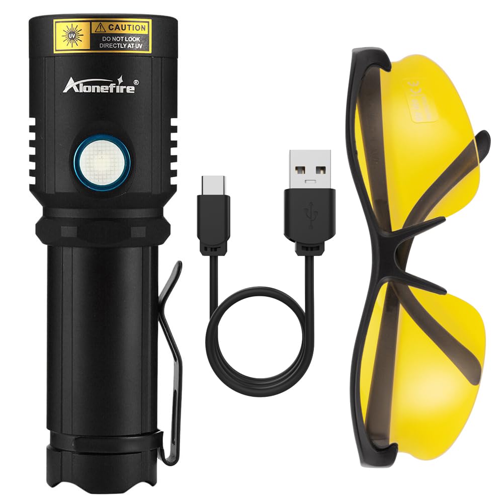 Alonefire X901Uv 365Nm Uv Flashlight 10W Blacklight Usb C Rechargeable Ultraviolet Black Light For Pet Urine Detector, Scorpion, Resin, Bed Bug, Fishing, Rocks With Uv Protective Glasses, Battery