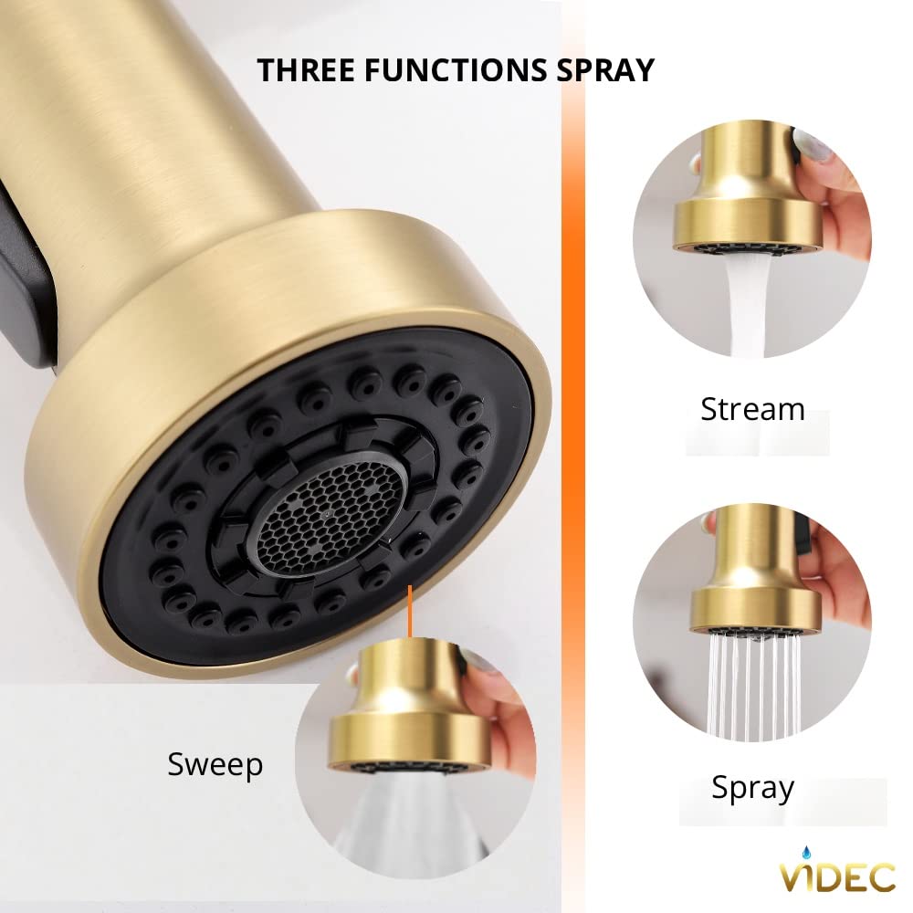 Videc Smart Kitchen Faucet, 3 Modes Pull Down Sprayer, Touch On Sensor Activated, Led Temperature Control, 360-Degree Rotation, 1 Or 3 Hole Deck Plate. 5-Year . (Kw-66J, Brushed Gold)
