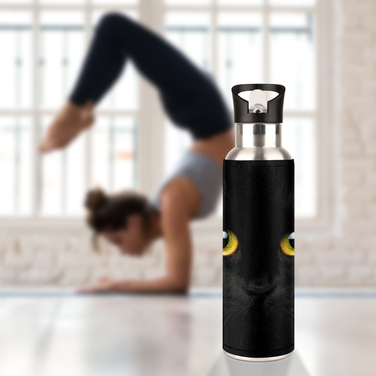 Insulated Stainless Steel Water Bottle With Straw 20Oz Cute Black Animal Cat Sports Water Bottles
