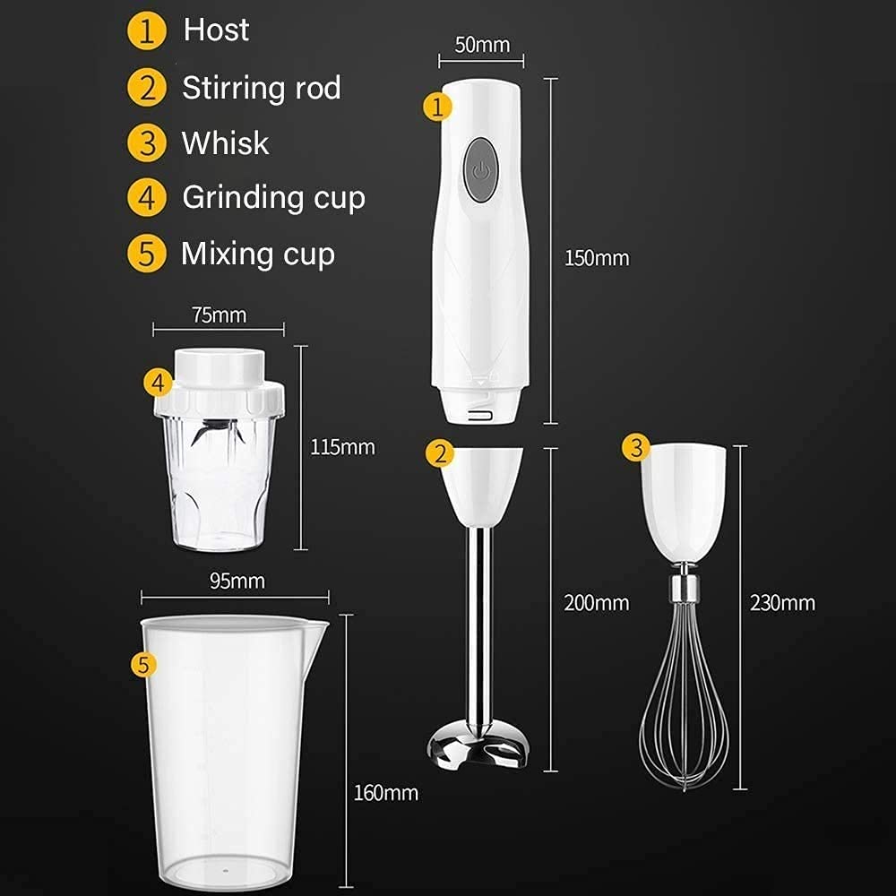 Kaabeto Hand Blender, 150 Watt 5-In-1 Immersion Multi-Purpose Stick Blender With Egg Whisk, With 500Ml Food Grinder, Bpa-, 600Ml Container,Smoothies, Sauces And Soups (White)