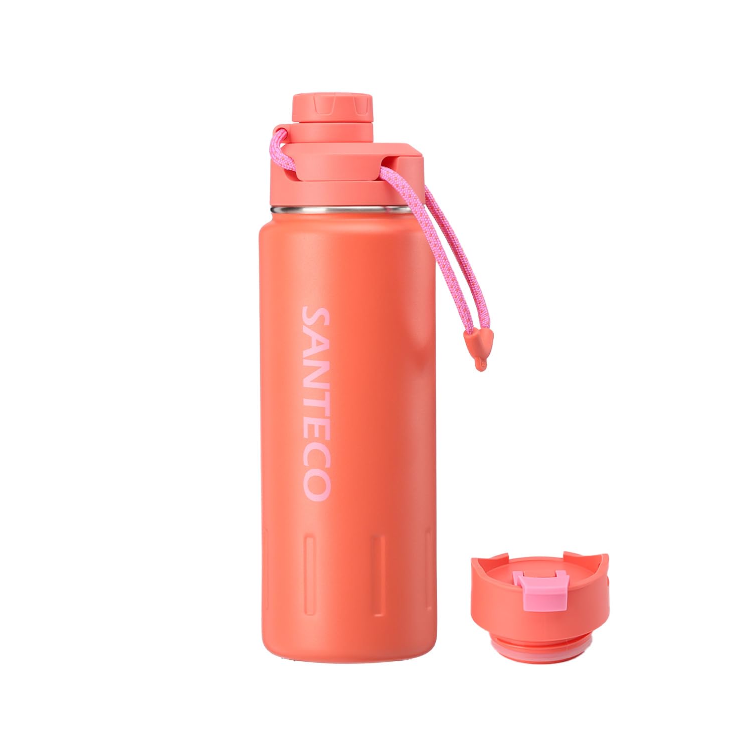 Insulated Water Bottles 24 Oz, Santeco Stainless Steel Bottle With Lanyard & Wide Mouth Spout Lid