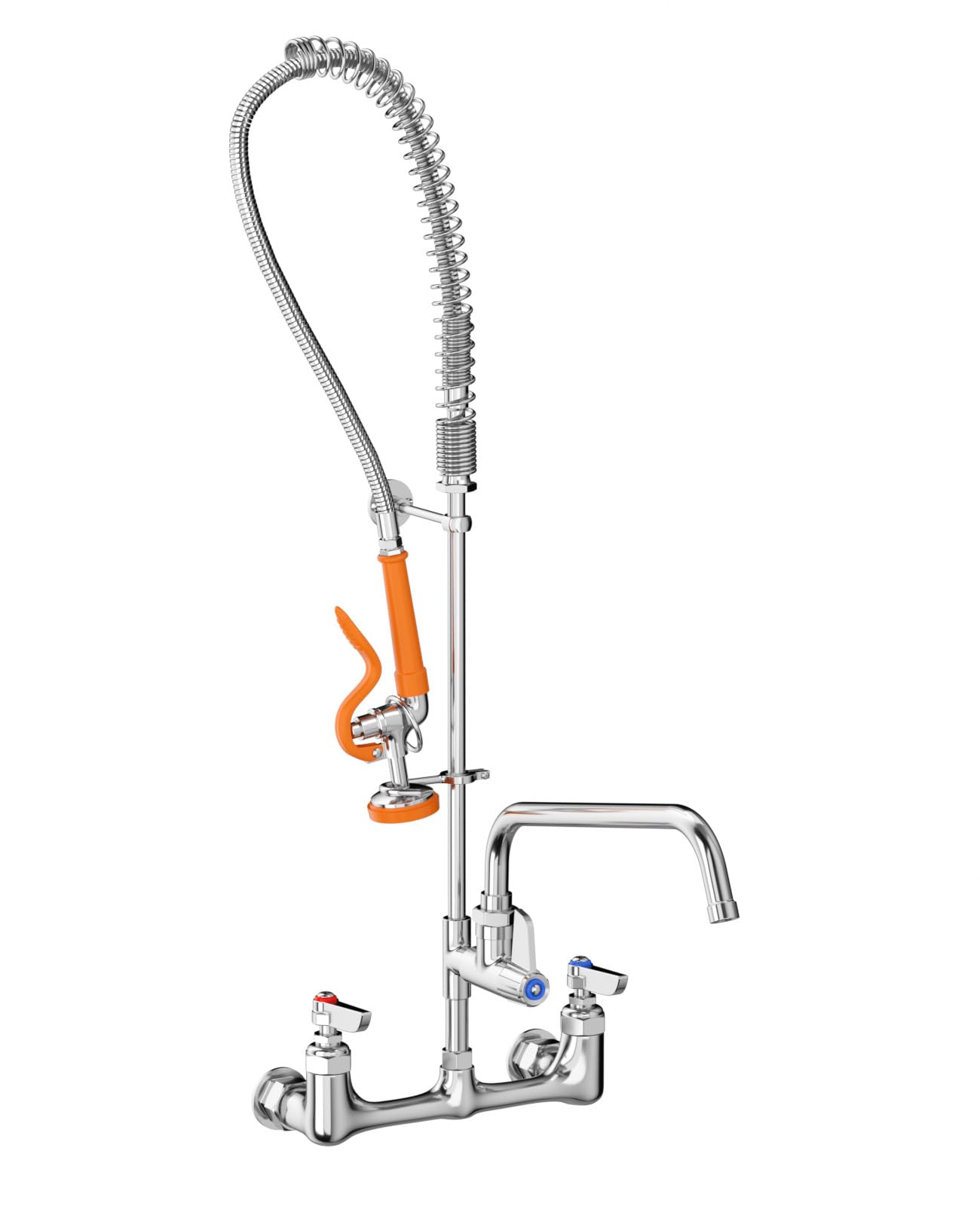 Topkitch Commercial Kitchen Sink Faucets Wall Mounted Type Brass Constructed Polished Chrome Pre-Rinse Device 47" Height 8" Adjustable Center With Coilded Spring Pull Down Sprayer And 12" Add-On Spout