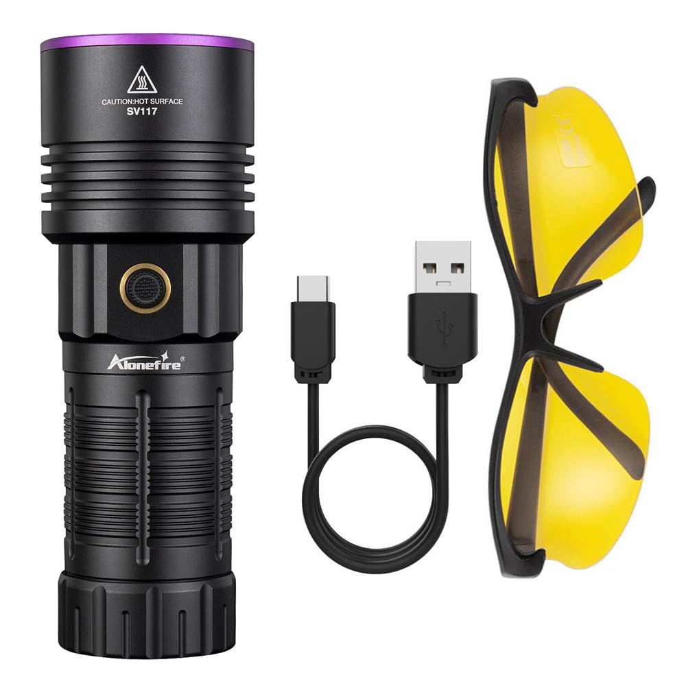 Alonefire Sv117 365Nm Uv Flashlight 70W Powerful Blacklight Digital Display Usb Rechargeable Black Light For Pet Urine Detector, Scorpion, Resin, Bed Bug, Fishing With Uv Protective Glasses, Battery