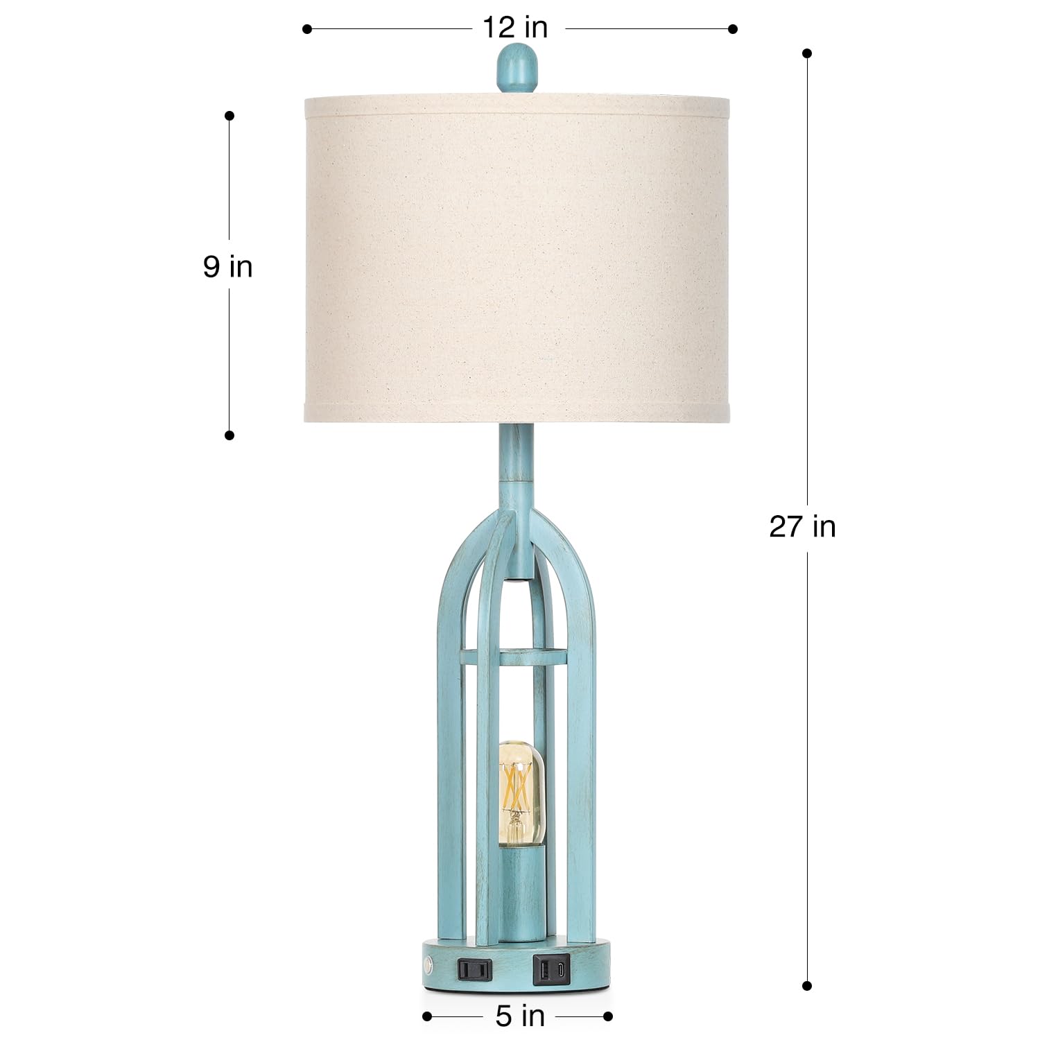 Cinyirong 27" Industrial Farmhouse Table Lamp,Vintage Rustic Blue Beside Lamp With Usb A+C Charging Ports & Ac Outlet, Metal Nightstand Lamp With Led Night Light For Bedrooms (2 Led Bulbs Included)