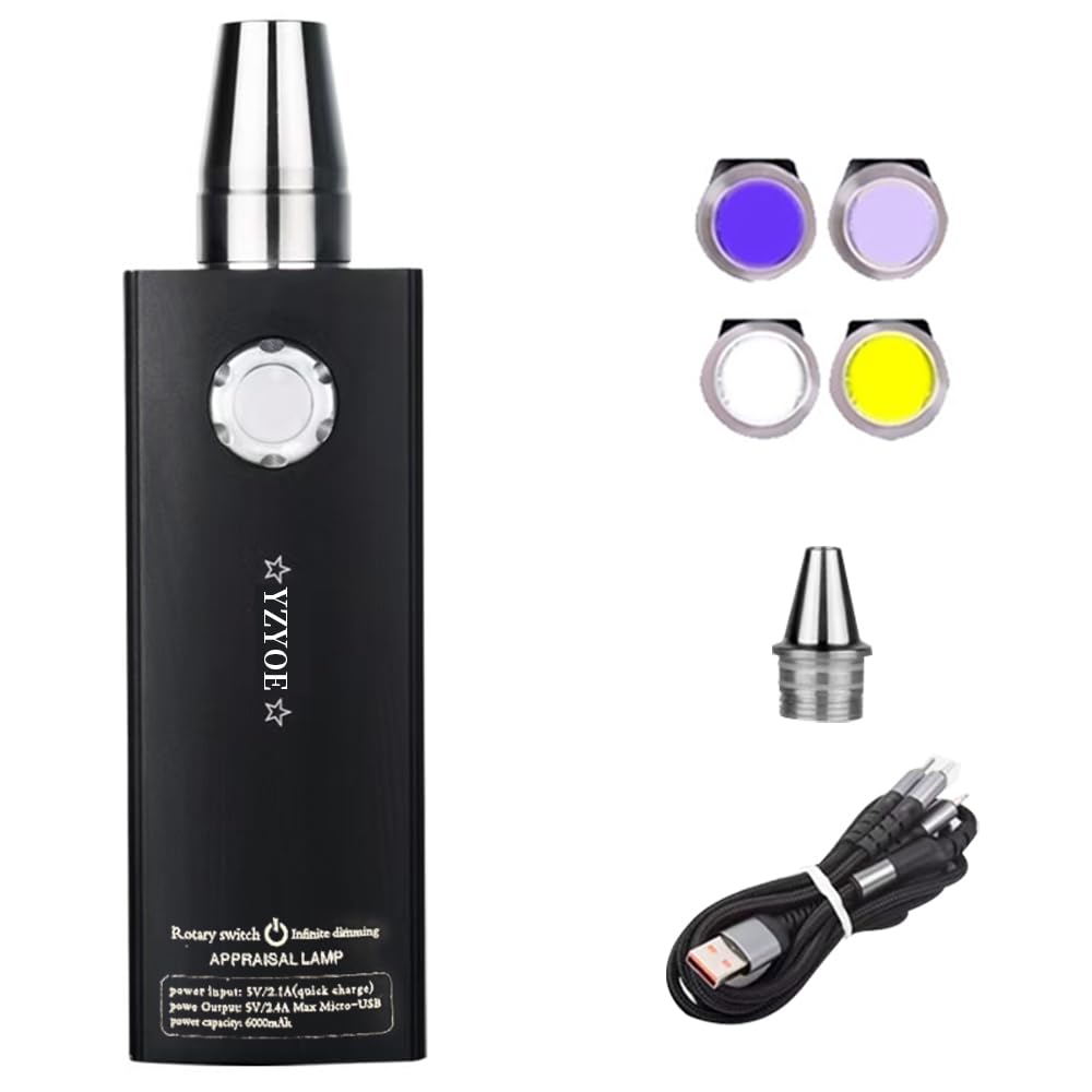 Yzyoe Led Rechargeable Four Light Jade Recognition Flashlight, Outdoor Gemstone And Mineral Detector, White, Yellow, 365Nm Ultraviolet Lamp, And 395 Black Light Multifunctional Light.