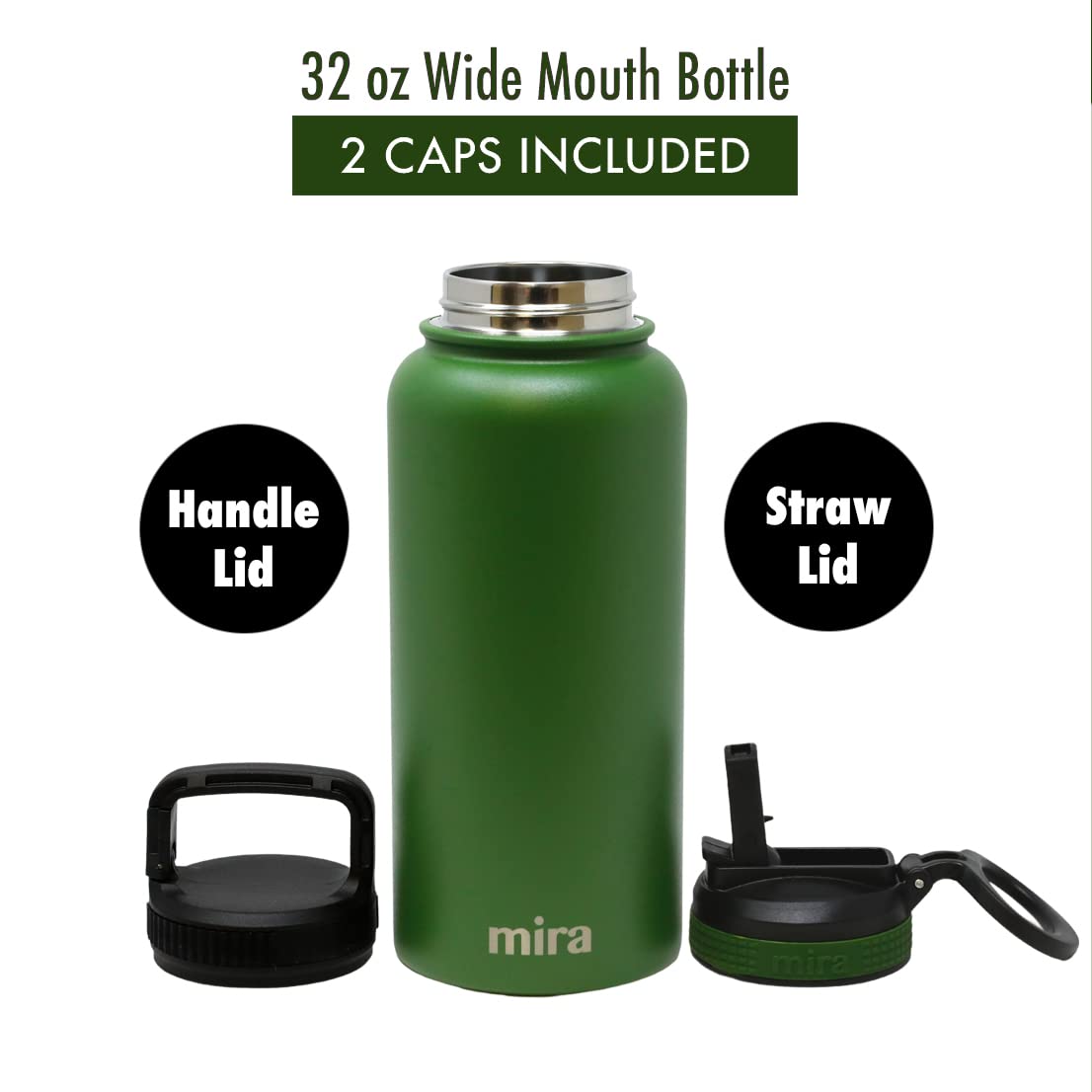 Mira 32 Oz Insulated Water Bottle - Stainless Steel Sports Flask With 2 Lids (Straw & Handle)