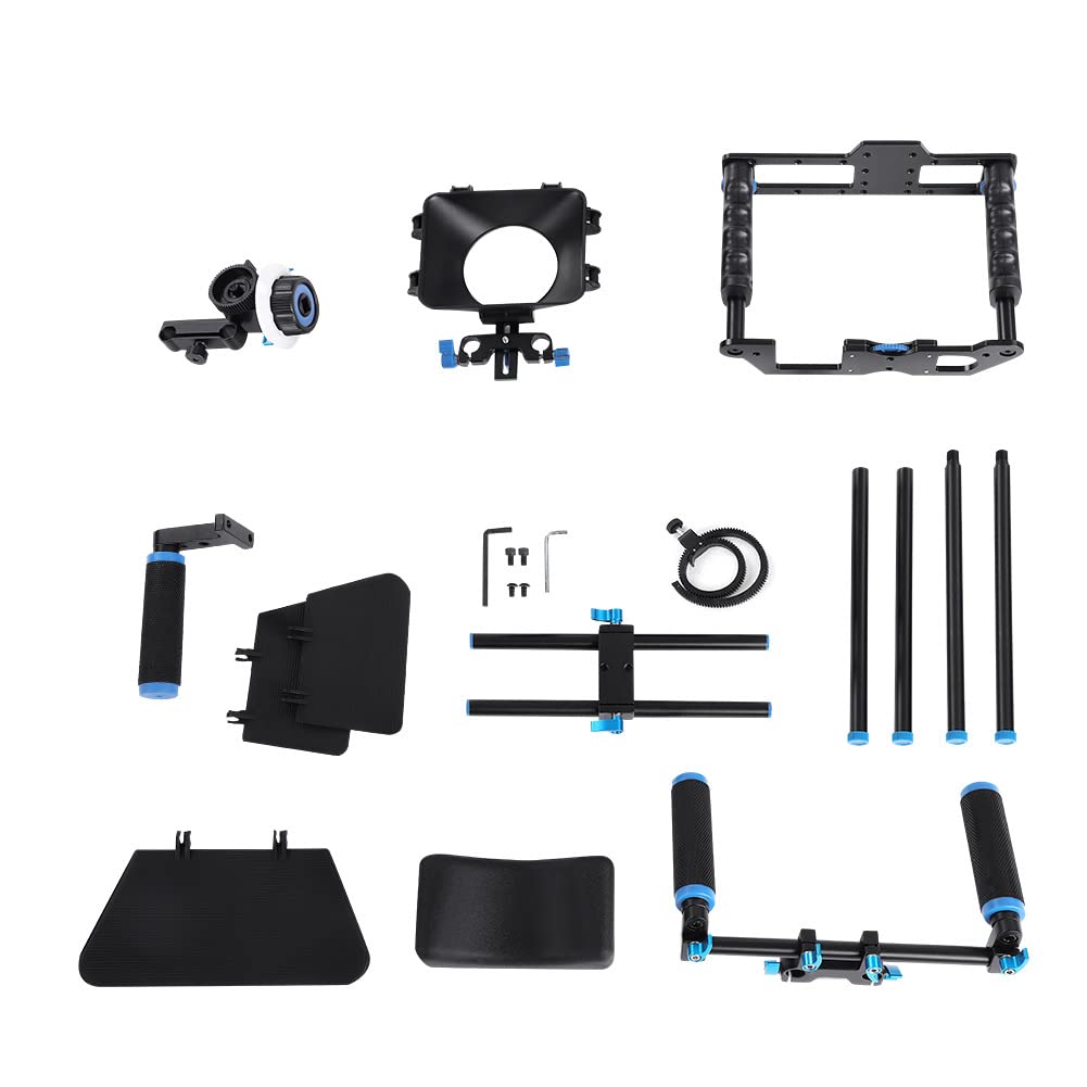 Fydun Shoulder Rig Stabilizer Kit, Aluminum Alloy Camera Stabilizer Cage With Top Handle Follow Focus Rods Shoulder Rig 1/4 3/8 Screw