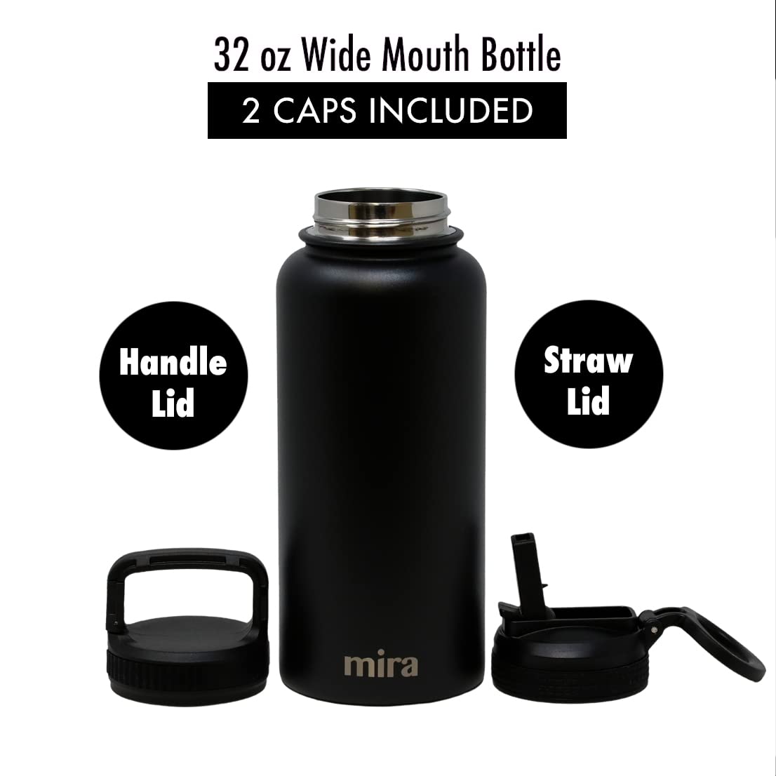 Mira 32 Oz Insulated Water Bottle - Stainless Steel Sports Flask With 2 Lids (Straw & Handle)