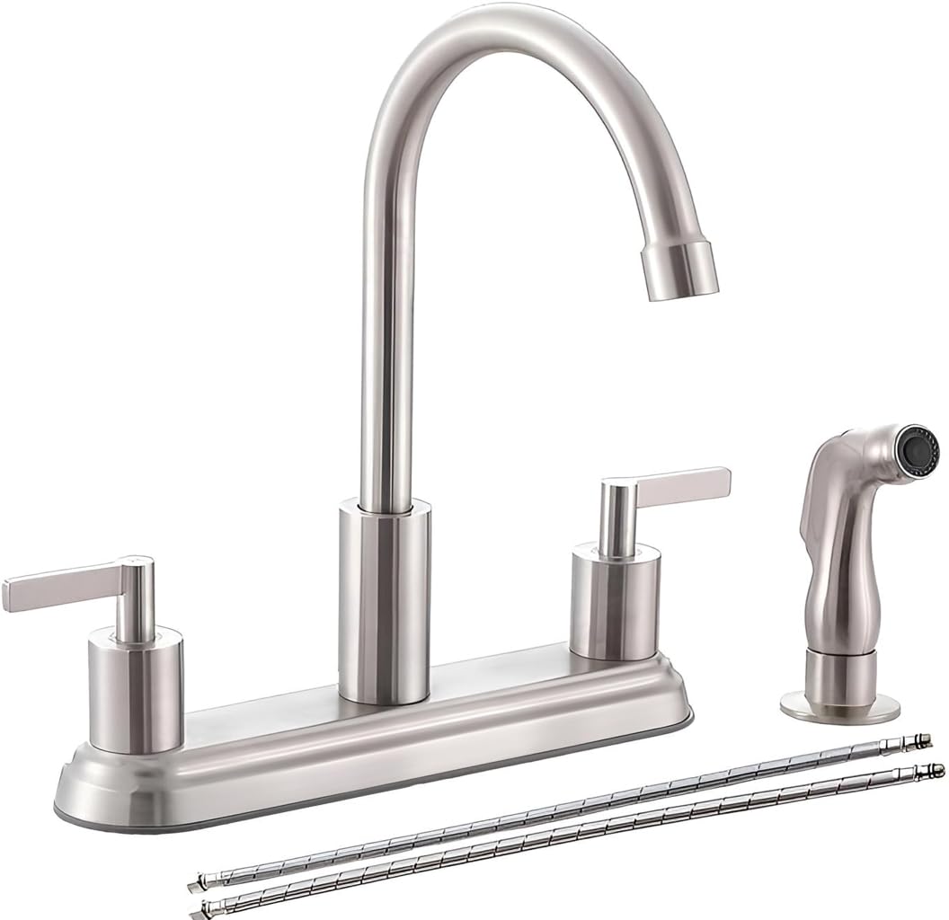 Ikebana 3 Or 4 Hole Kitchen Faucet Brushed Nickel, 2 Handle 4 Hole Kitchen Sink Faucet With Side Sprayer, Lead- 360 Swivel Stainless Steel Kitchen Faucet For Rv Laundry Kitchen Sink
