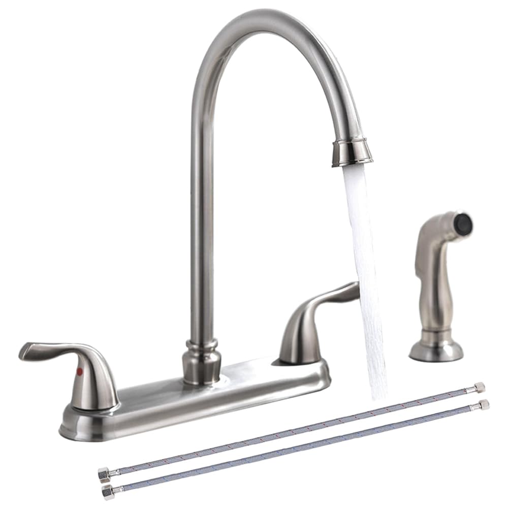 Shaco Kitchen Faucet With Side Sprayer, Stainless Steel 2 Handle Kitchen Sink Faucet With Water Supply Line, Brushed Nickel High Arch 360 Swivel Kitchen Faucet For Sink 3 Hole 4 Hole
