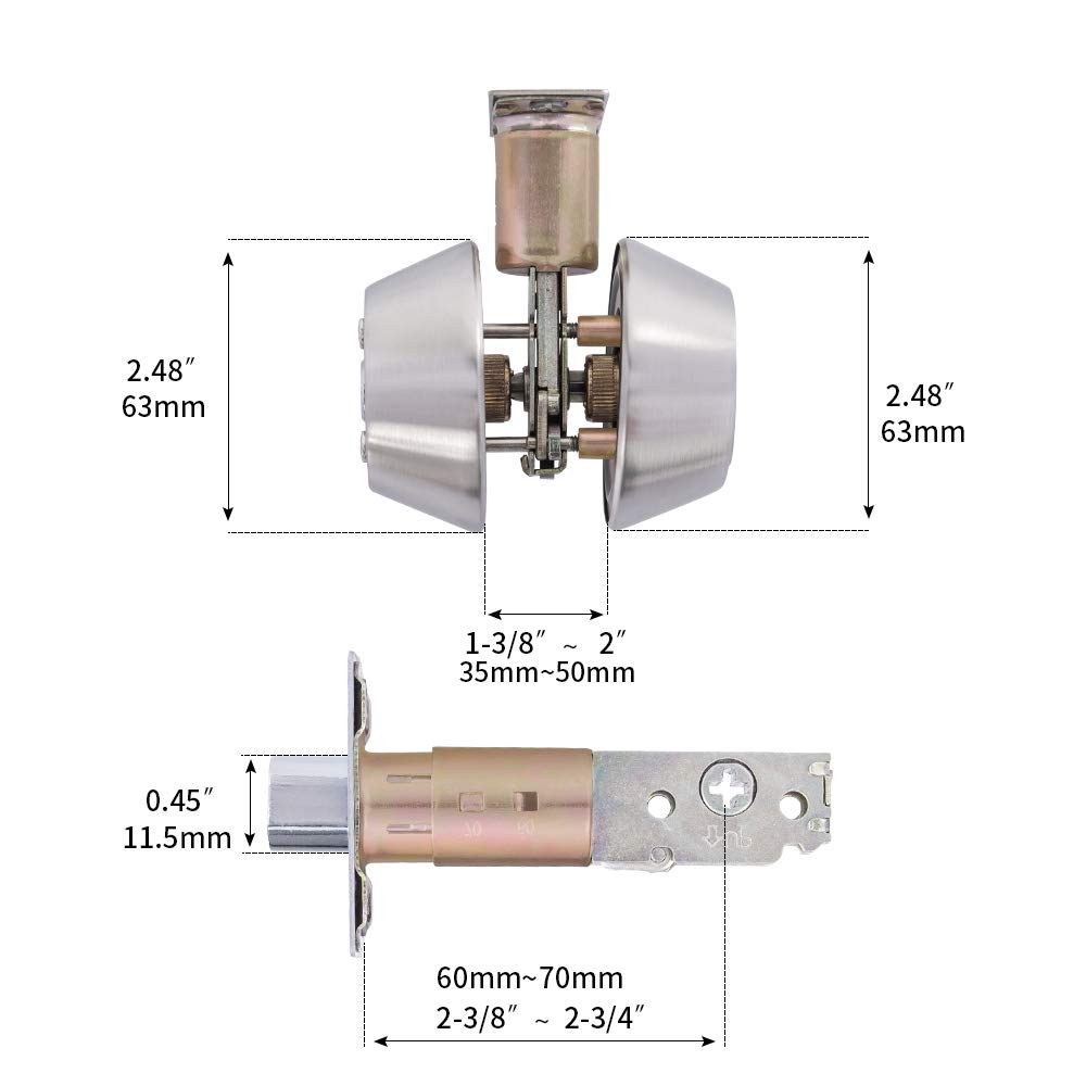 Rulart Double Keyed Deadbolt Lock - Keyed On Both Sides, 2-Way Adjustable Cylinder Deadbolt (Privacy/Passage), Satin Stainless Steel (Silver, Single Cylinder) (Silver, Double Side)