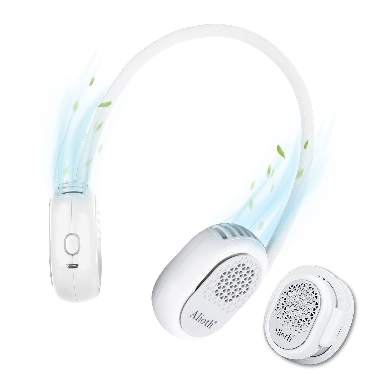 Alioth portable neck fan with bladeless design, 360° rotatable, rechargeable, hands-free personal cooling