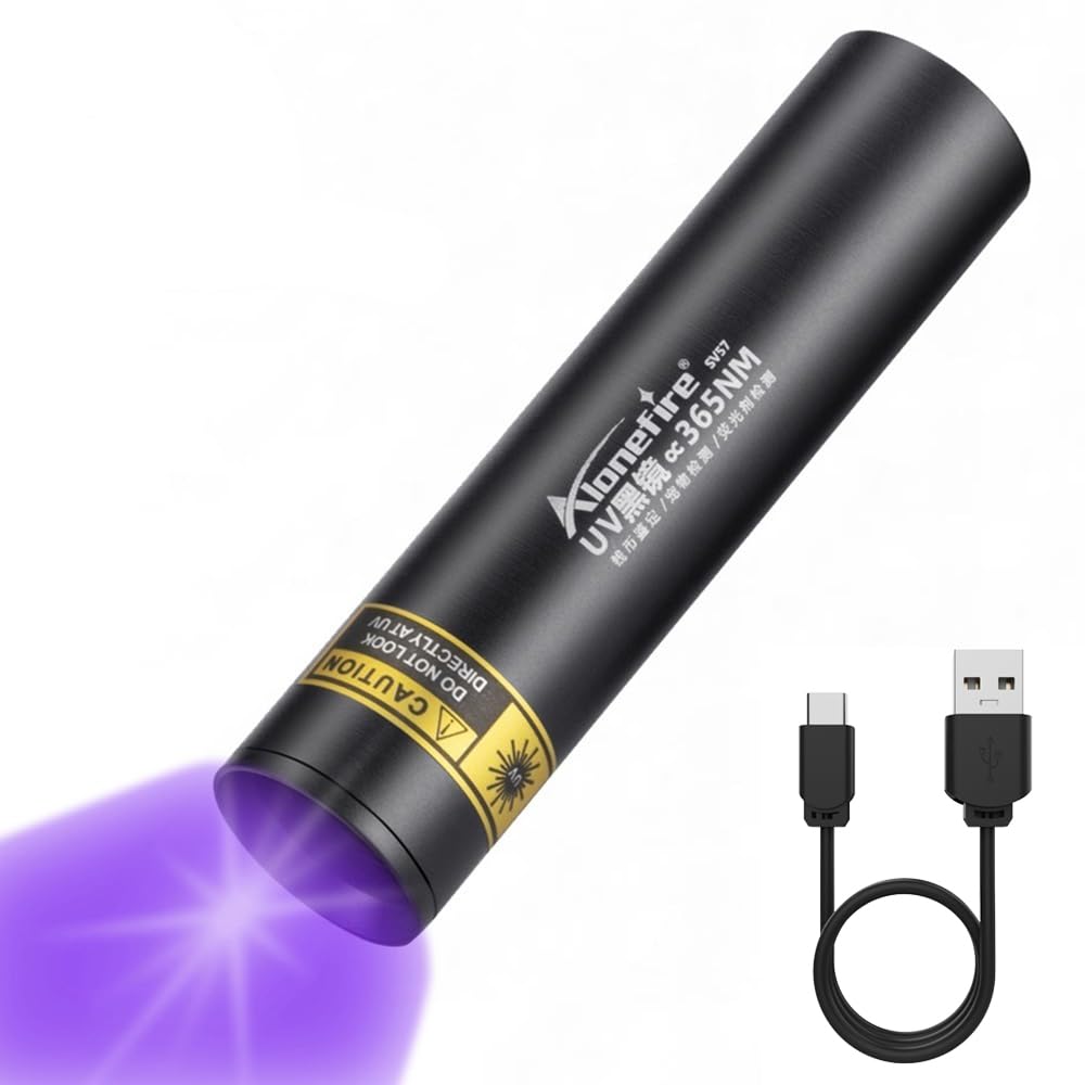 Alonefire Sv57 3W Small Uv Flashlight 365Nm Type C Usb Rechargeable Ultraviolet Mini Black Light Stain Minerals Money Pet Urine Detector With Charging Indicator, Aluminium Case, Built-In Battery