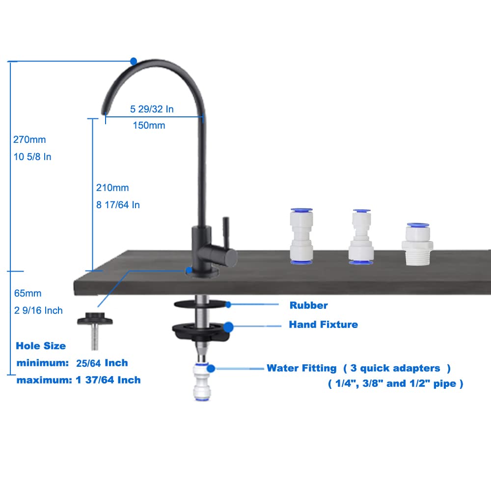 Pargadeco Matte Black Kitchen Water Filter Faucet, Stainless Steel 304 Water Purification Faucets, R.O. Faucets, Drinking Water Faucet Fits Most Reverse Osmosis & Filtration Systems (Non-Air Gap)