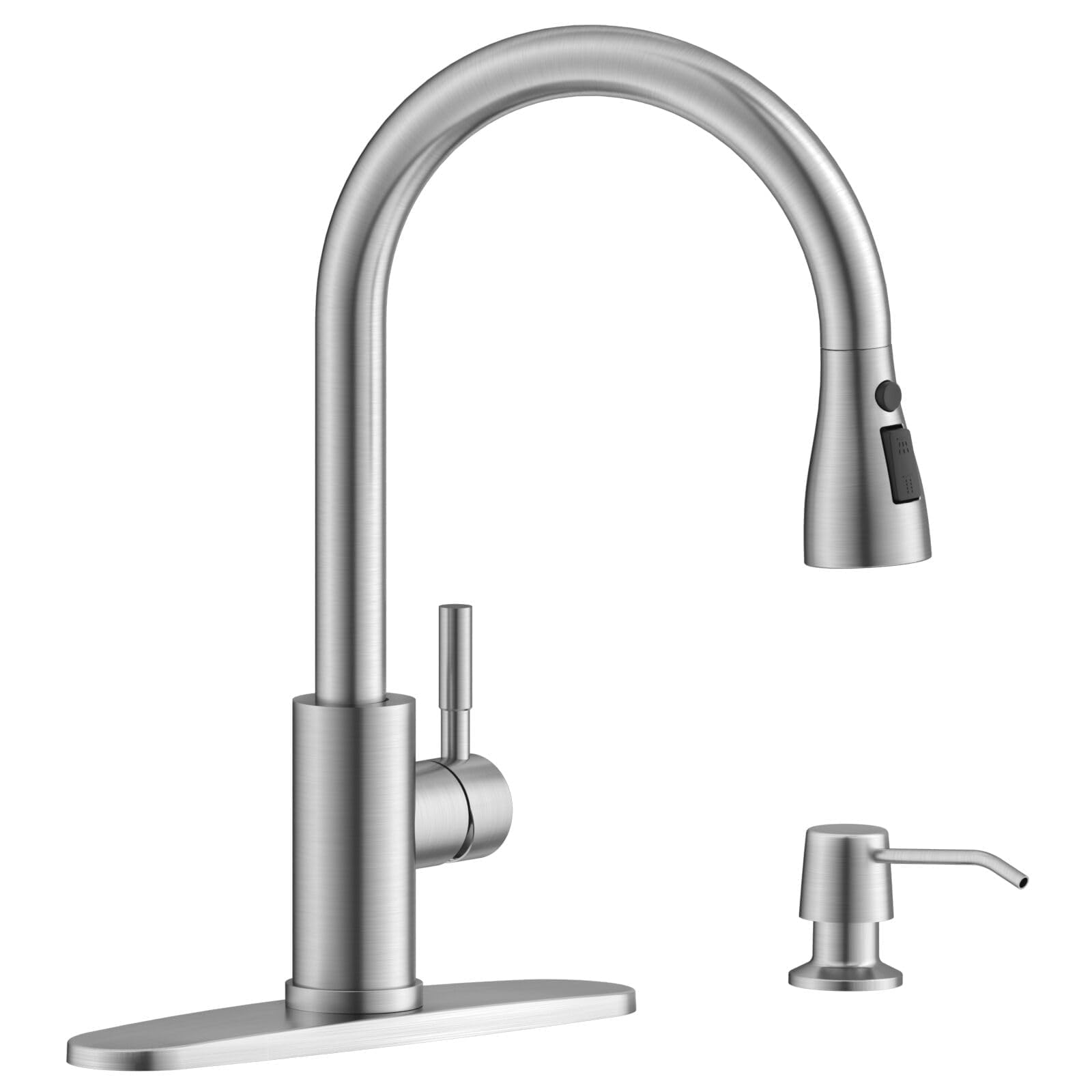 Appaso Stainless Steel Kitchen Faucet With Soap Dispenser, Pull Down Sprayer 3 Modes, Brushed Nickel High Arc Single Handle Gooseneck Faucets For 1 To 4 Holes Sink, Farmhouse, Rv, Bar, Laundry