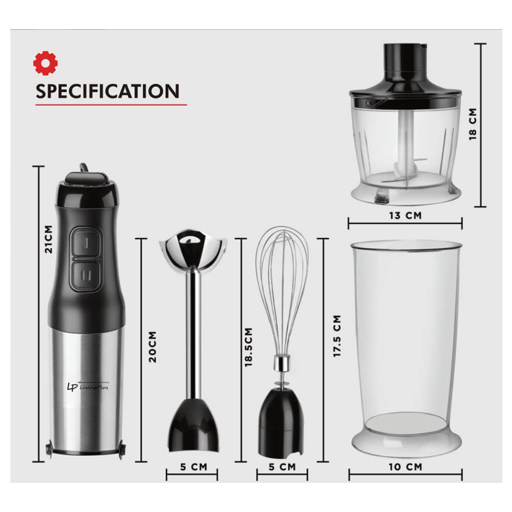 Lp Living Plus 4-In-1 Electric Hand Blender, Powerful 500W Stainless Steel Blender With Whisk, Chopper, Beaker, Easy To Clean, Advanced Noise Reduction