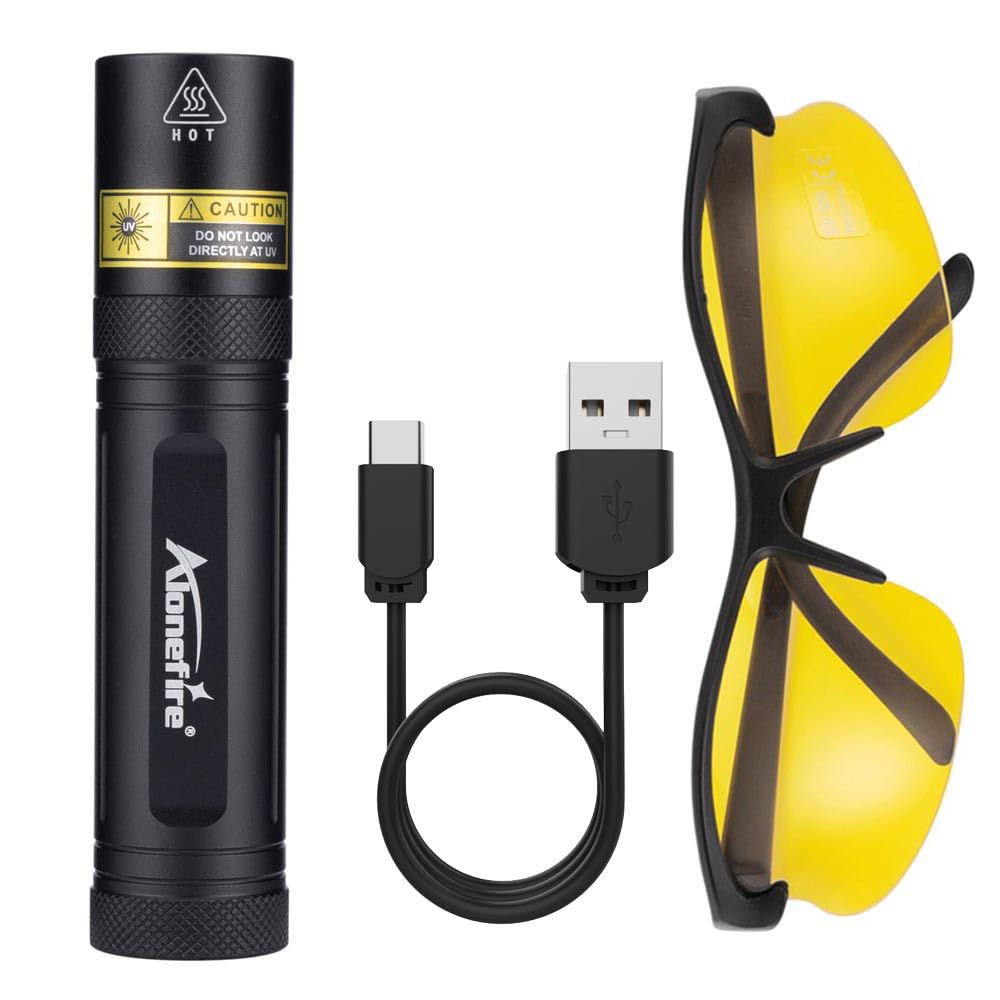 Alonefire Sv77 10W 395Nm Uv Flashlight Portable Rechargeable Blacklight Money Detector For Pet Urine Detector, Resin Curing, Scorpion, Fishing, Minerals With Uv Protective Glasses, Built-In Battery