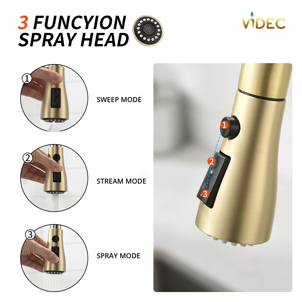 Videc Smart Kitchen Faucet, 3 Modes Pull Down Sprayer, Touch On Sensor Activated, Ceramic Disc Valve, 360-Degree Rotation, 1 Or 3 Hole Deck Plate. 20-Year . (Kw-69J, Brushed Gold)