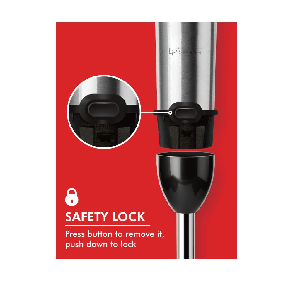 Lp Living Plus 4-In-1 Electric Hand Blender, Powerful 500W Stainless Steel Blender With Whisk, Chopper, Beaker, Easy To Clean, Advanced Noise Reduction