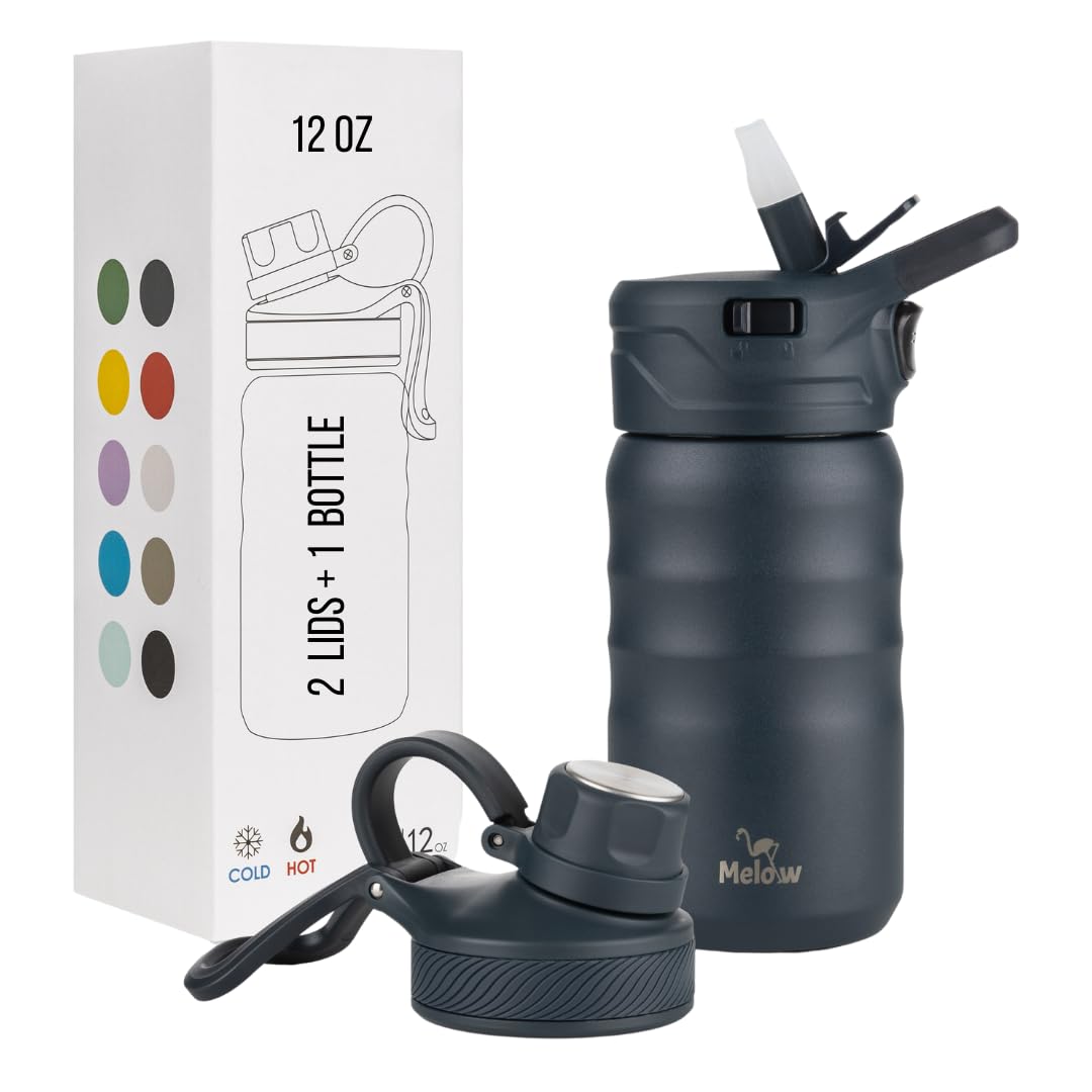 Melow 12 Oz Kids Water Bottle, Stainless Steel Insulated With Straw And Chug Lid, 2 Lids