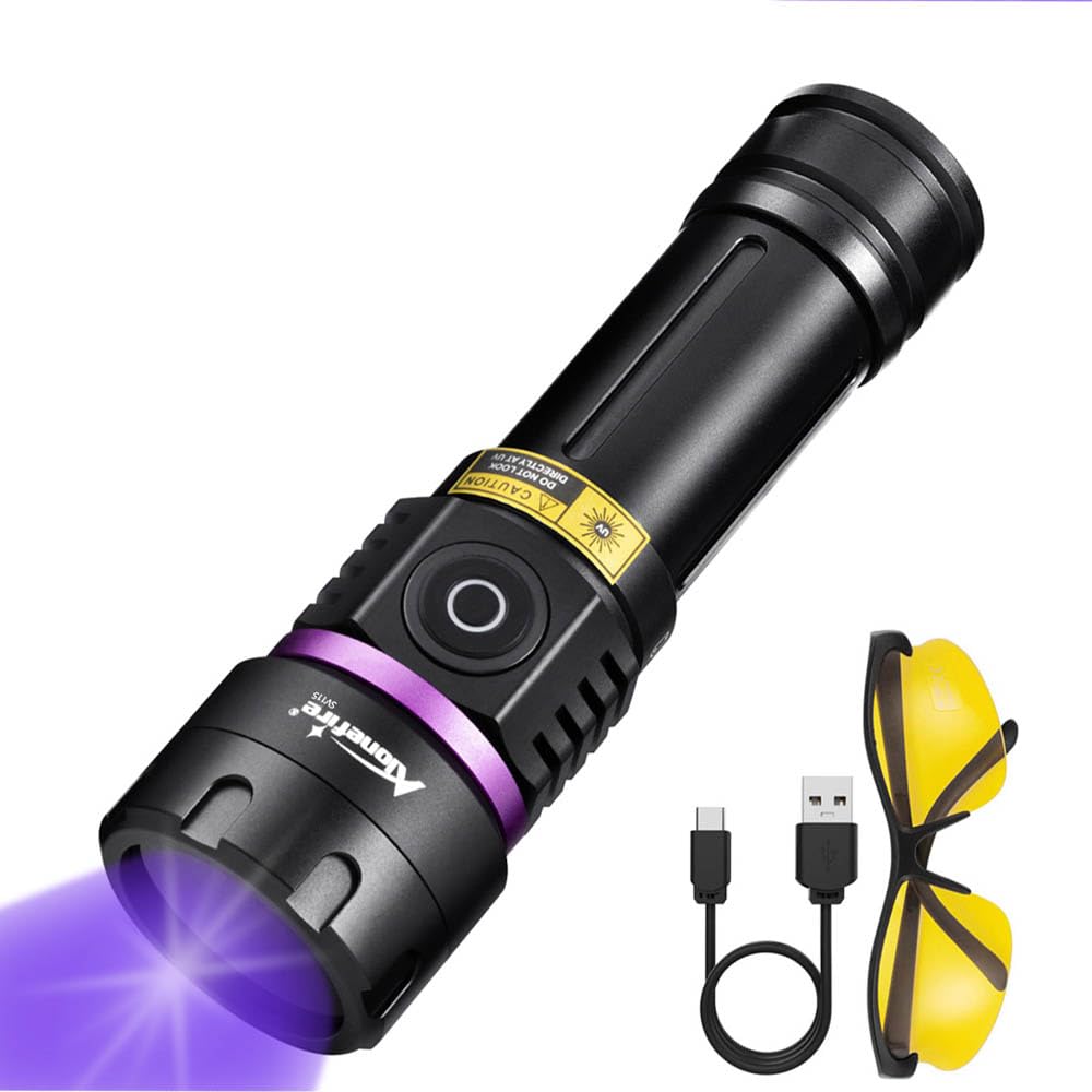 Alonefire Sv115 365Nm Uv Flashlight 30W Powerful Blacklight Usb C Rechargeable Black Light For Pet Urine Detector, Scorpion, Resin, Bed Bug, Fishing With Uv Protective Glasses, Rechargeable Battery