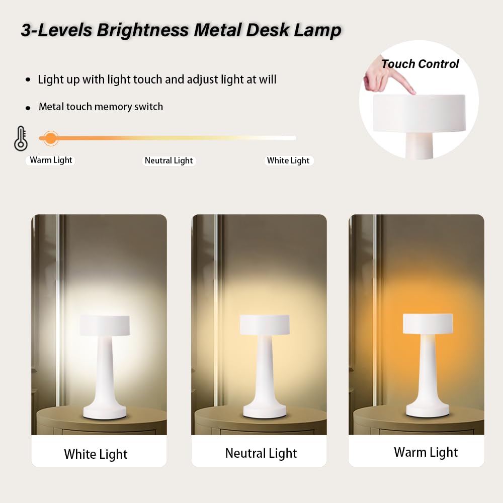 Ejfoiej Portable Led Table Lamp, 3-Levels Brightness Metal Desk Lamp, 3 Color Touch Control Rechargeable Night Light