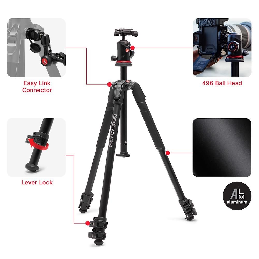 Manfrotto 190X As, 3-Section Aluminum Camera Tripod, Photo-Kit With Ball Head, Ground Level, Arca-Swiss Plate, Quick Power Lever Lock, 22Lbs Payload, For Dslr And Mirrorless, Photo Shooting Supports