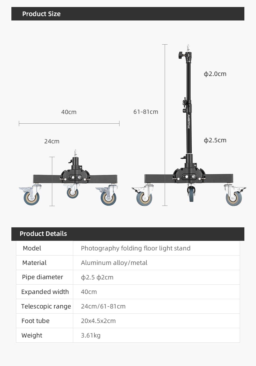 Ambitful 61-81Cm/21-31.9" Profession Removable Very Sturdy Folding Floor Light Stand And Wheels For Studio Flash Led Light