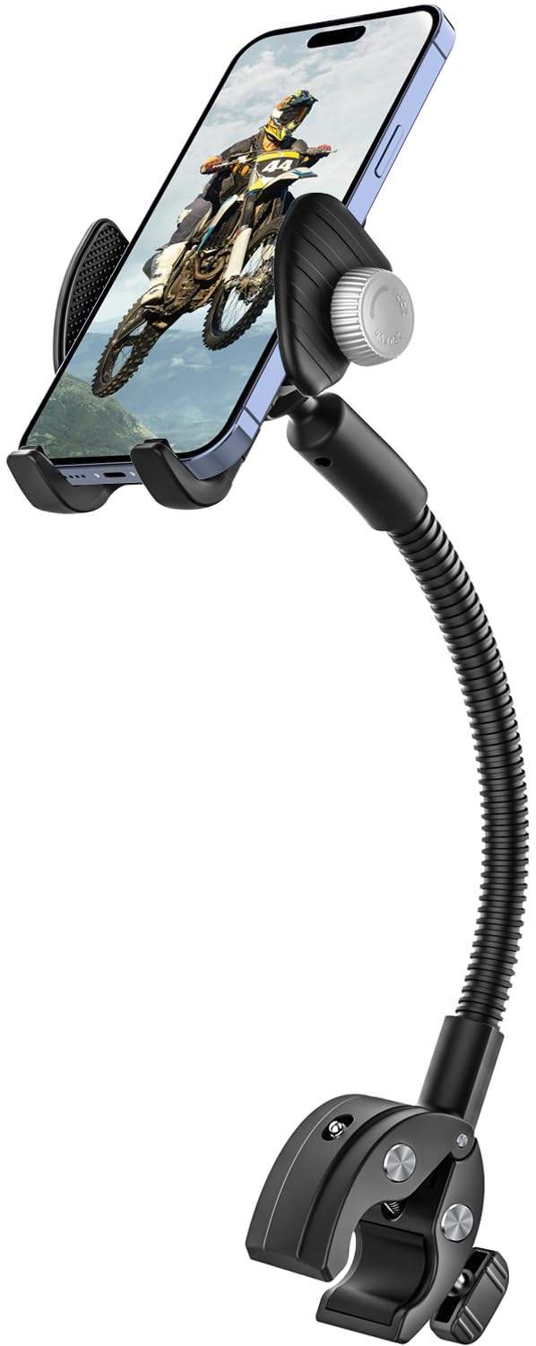 Woleyi Gooseneck Phone Holder For Wheelchair, Stroller, Golf Cart, Boat, Mic Stand, Indoor Cycling Bike, Gym Bicycle Handlebar Clamp, Compatible With Iphone 16 Pro Max/15/14/13/12, Android And All Smartphone