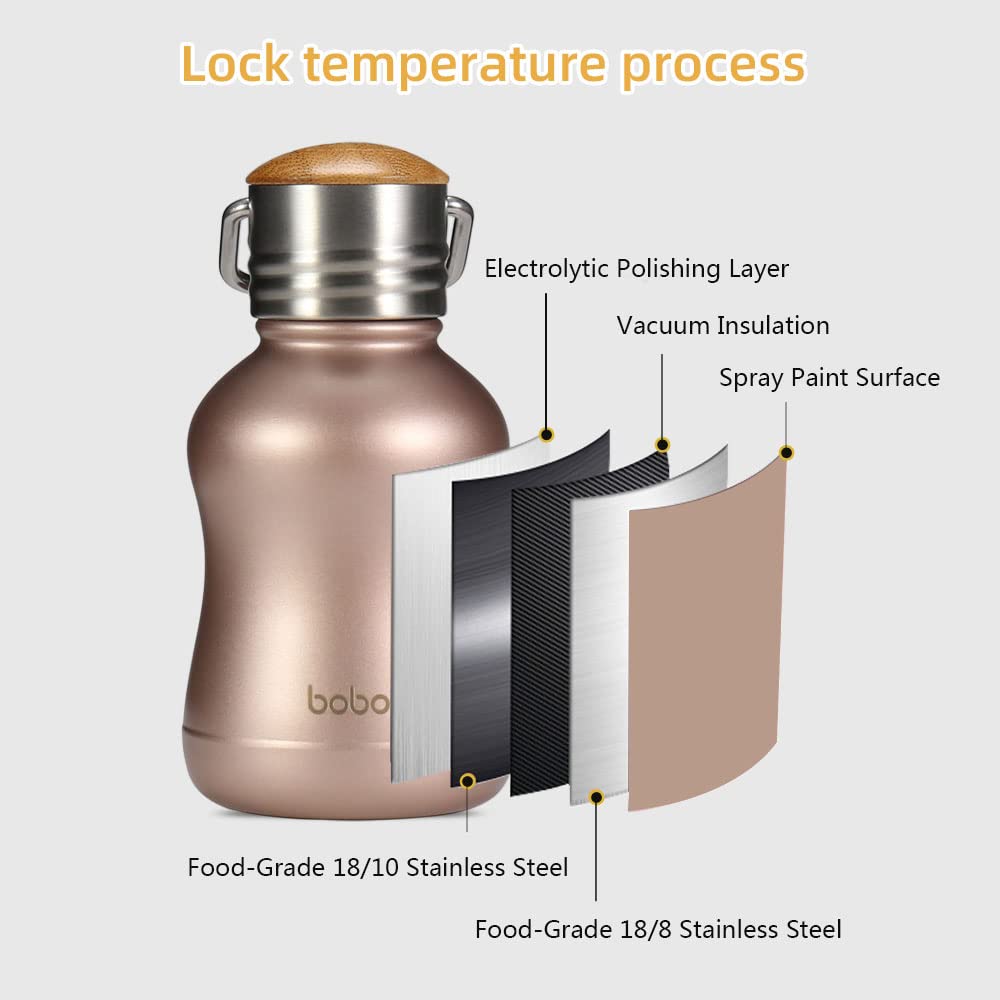 Yohkoh Mini Vacuum Insulated Water Bottle With Bamboo Lid - Stainless Steel Thermos Water Bottle