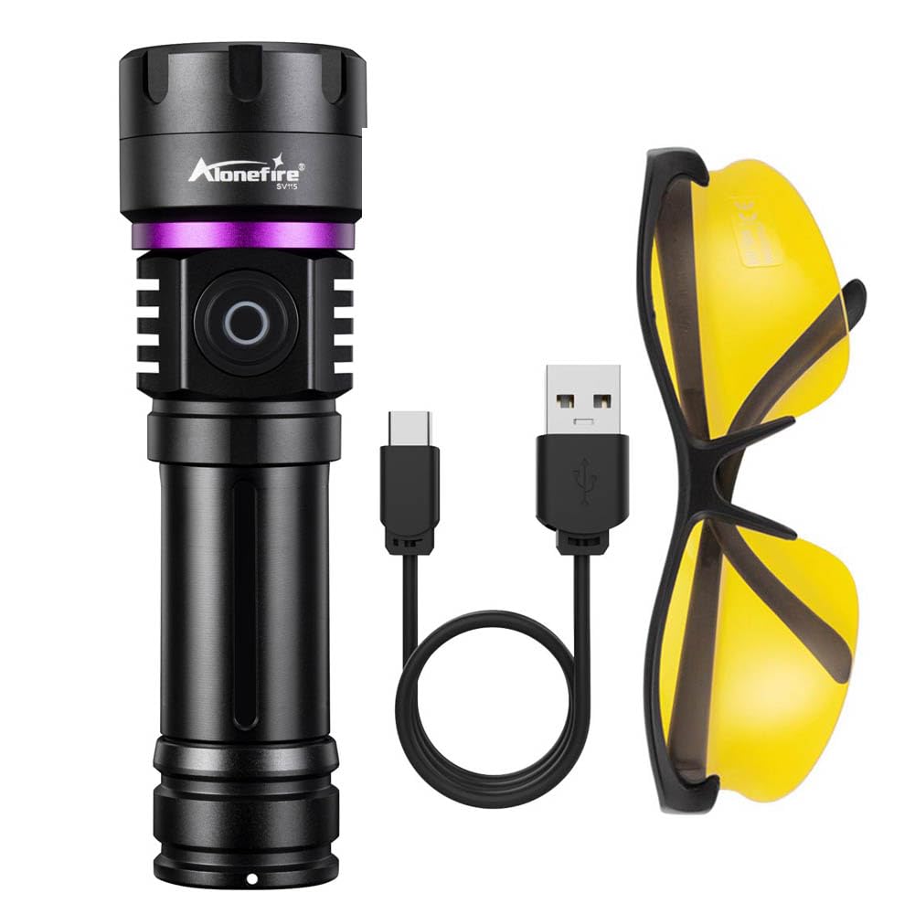 Alonefire Sv115 365Nm Uv Flashlight 30W Powerful Blacklight Usb C Rechargeable Black Light For Pet Urine Detector, Scorpion, Resin, Bed Bug, Fishing With Uv Protective Glasses, Rechargeable Battery