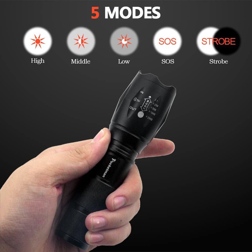 Pocketman 5 Pack, 1200 Lumens Led Tactical Flashlight Water Resistant Handheld Torch With 5 Modes And Adjustable Focus