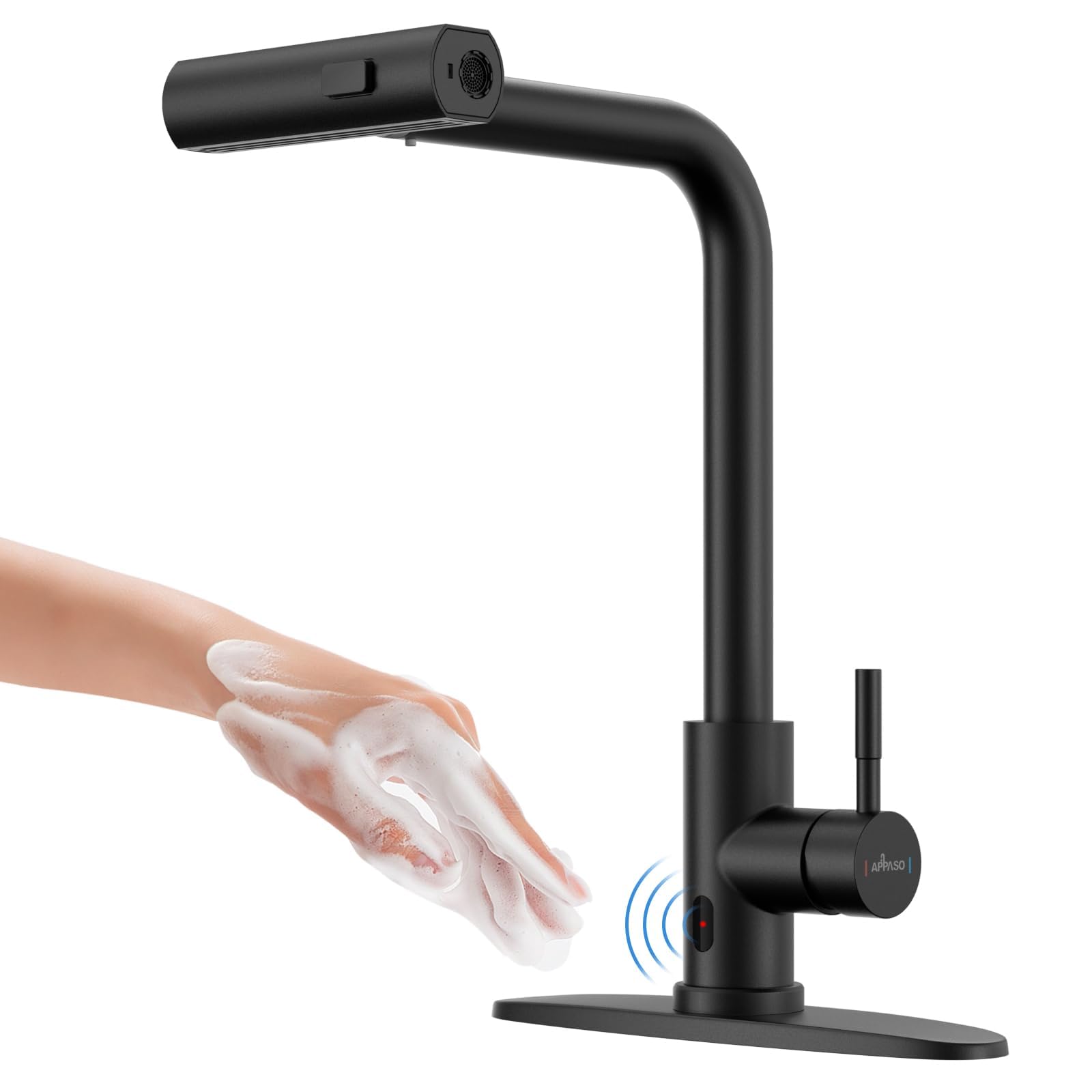 Appaso Touchless Kitchen Faucet With Pull Down Sprayer Matte Black, Waterfall Touchless Motion Sensor Hands-, Single Handle For 1 Or 3 Holes Sink, Stainless Faucet Black With Easy Installation