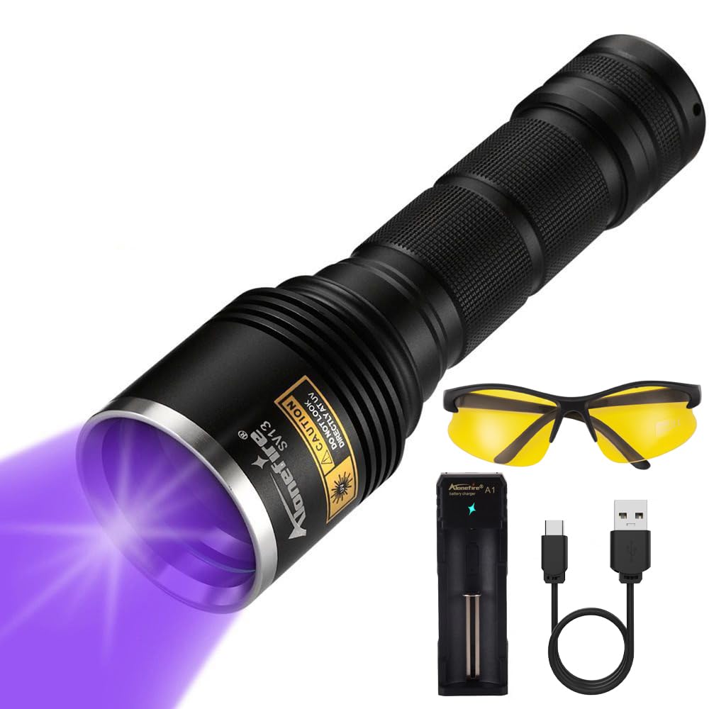 Alonefire Sv13 15W 365Nm Uv Flashlight Rechargeable Ultraviolet Woods Lamp Powerful Black Light For Pet Urine Detector, Resin, Bed Bug, Scorpion, Fishing With Uv Protective Glasses, Battery, Charger