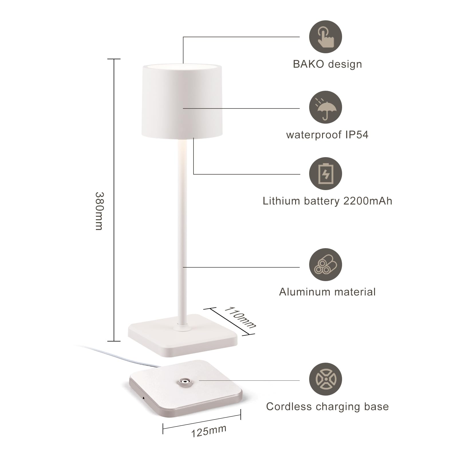 Bkzo 2 Pack Cordless Table Lamp Rechargeable, Wireless Charging Led Table Lamp, Ip54 Waterproof Aluminum Bedside Light, Touch Control, Suitable For Indoor And Outdoor Use, White