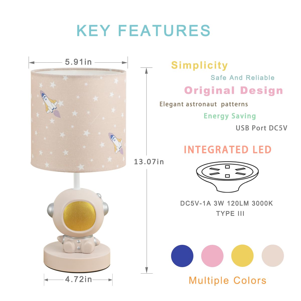 Lampwell Astronaut Led Table Lamp With Usb Port Dc5V,Light Brown Kids Table Lamp,Night Light For Kids Room,Nursery,Bedroom,Kitchen Counter,Gameroom,Φ5.91×H13.07In,Hand-Made