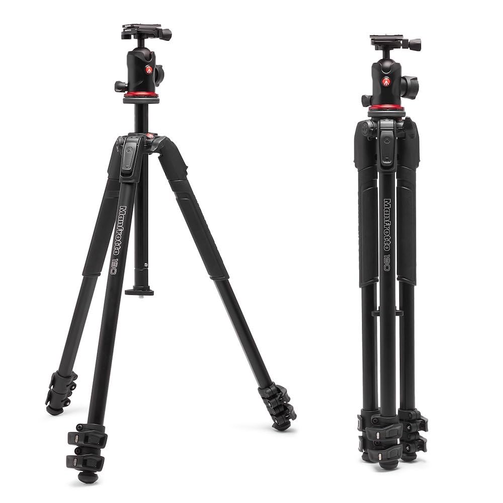 Manfrotto 190X As, 3-Section Aluminum Camera Tripod, Photo-Kit With Ball Head, Ground Level, Arca-Swiss Plate, Quick Power Lever Lock, 22Lbs Payload, For Dslr And Mirrorless, Photo Shooting Supports