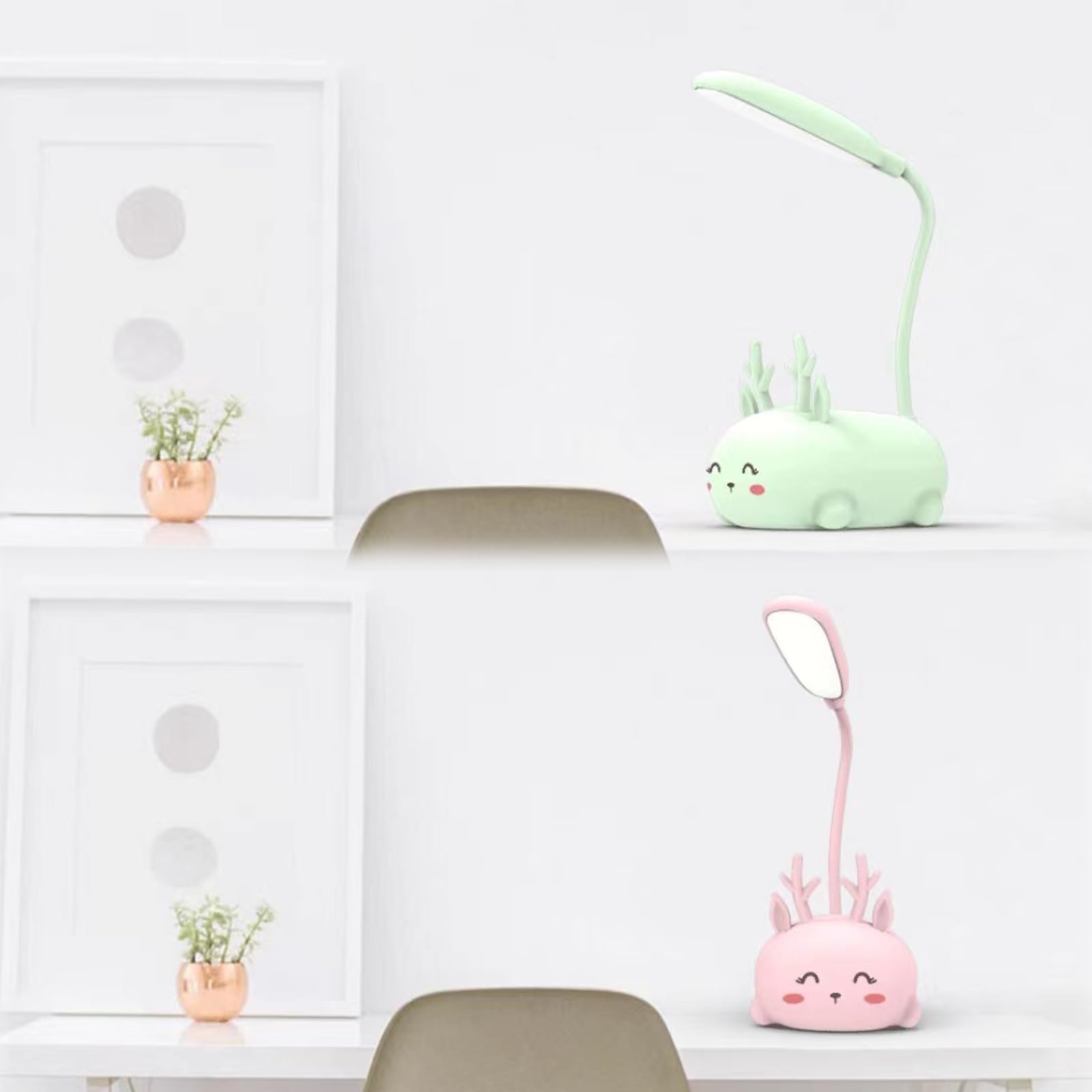 Neioaas Cute Elk Lamp Usb Rechargeable Reading Light,Led Desk Lamp For Kids, Portable Led Table Light, Flexible Gooseneck Eye-Care Cartoons Small Desk Lamp Girls (White)