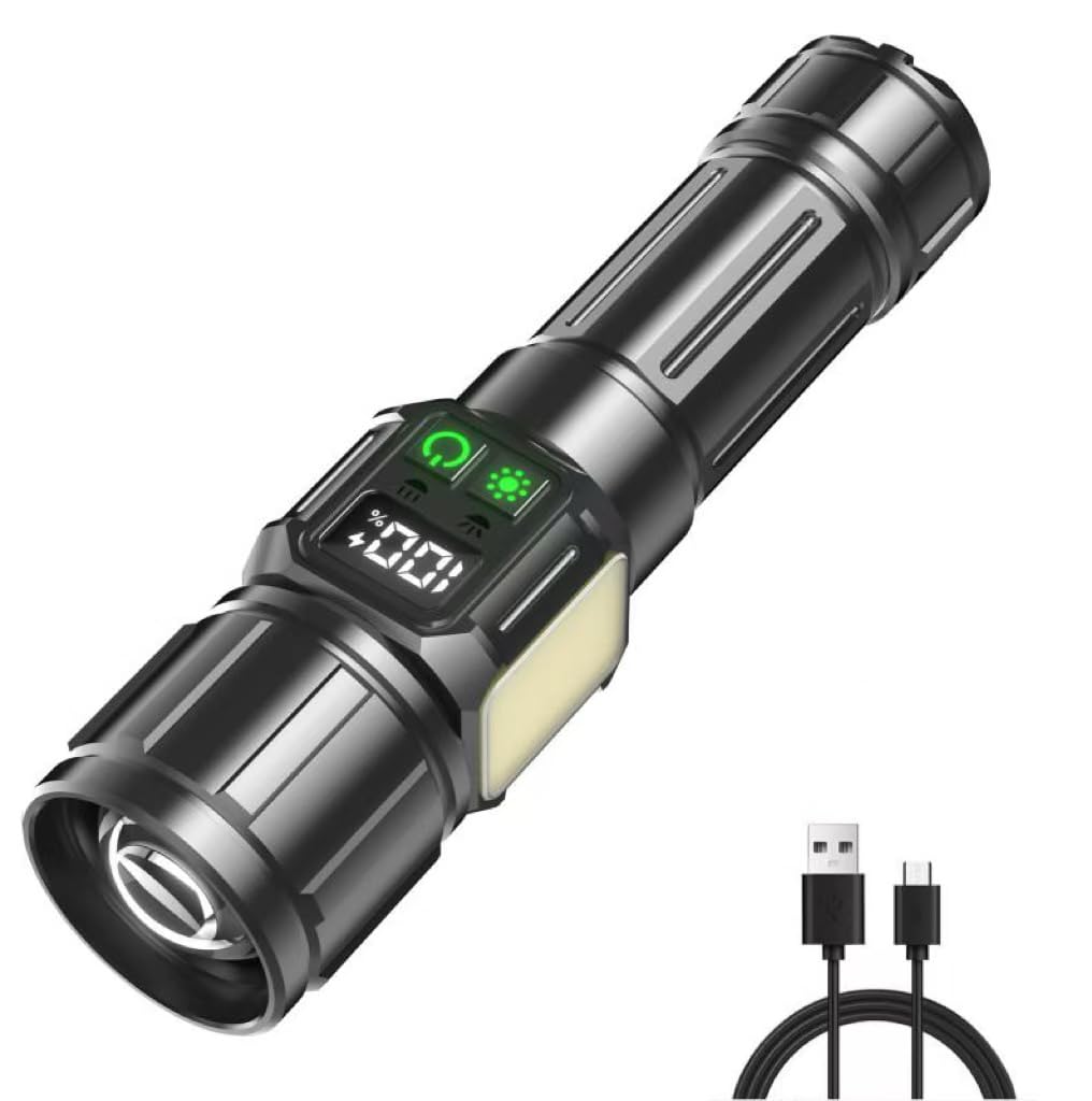 Aiersen Rechargeable Flashlight, 900000 Lumens Ultra Bright Flashlight, Equipped With Lcd Digital Display And Side Lights, 7 Modes, With 5000Mah Battery, Used For Outdoor Camping Handheld Led Flashlight