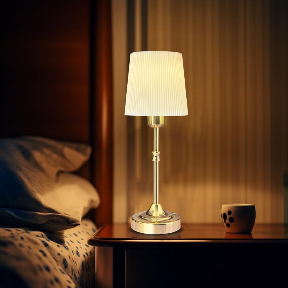 Leroxo Cordless Led Metal Table Lamp, Portable Fabric Shade Desk Lamp, 3-Level Brightness, Touch Sensor Control, Rechargeable Bedside/Nursery/Dining Room Lamp (Gold)