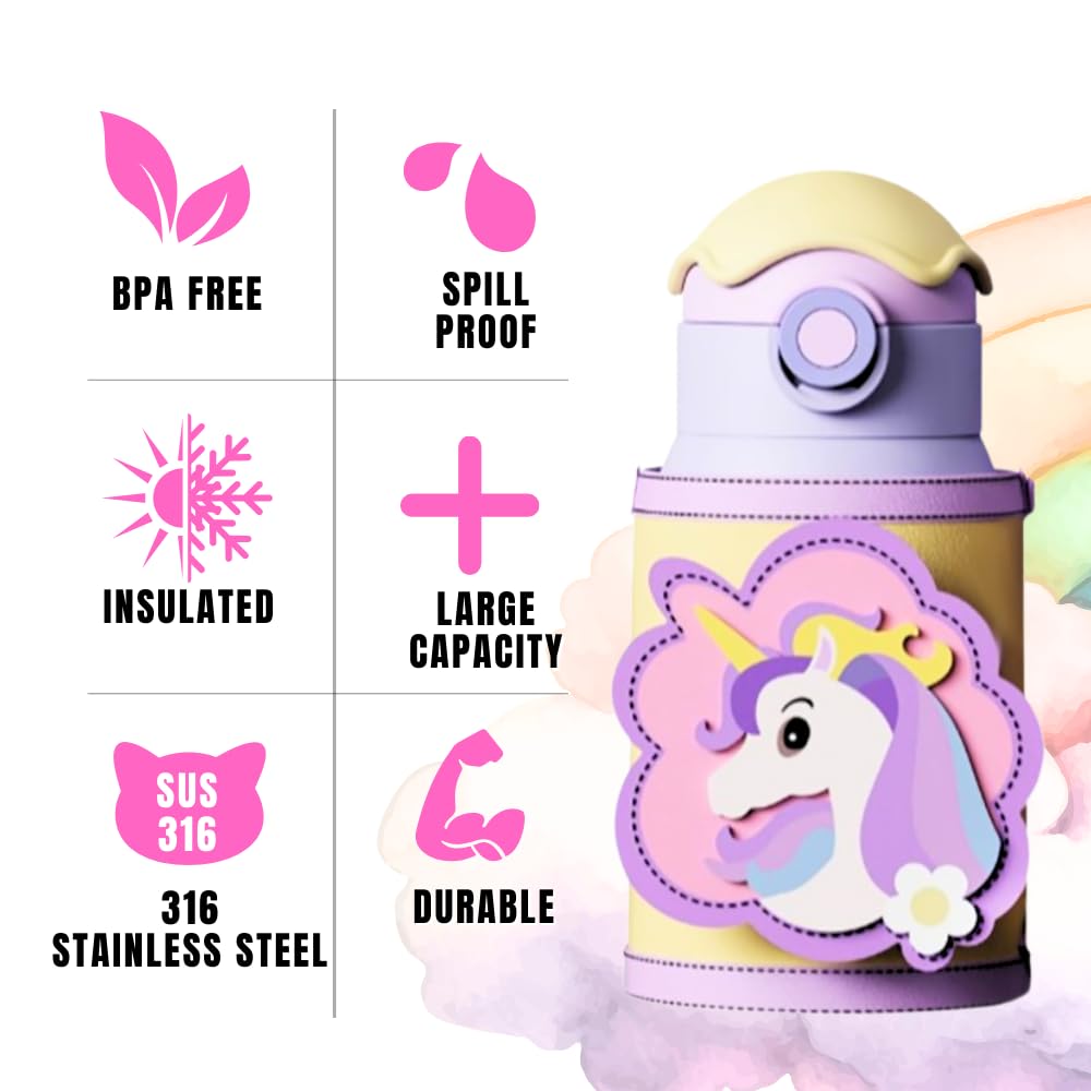 Unicorn Drinking Kids Insulated Water Bottle - Easy Open Button & Carrying Lanyard With Zipper