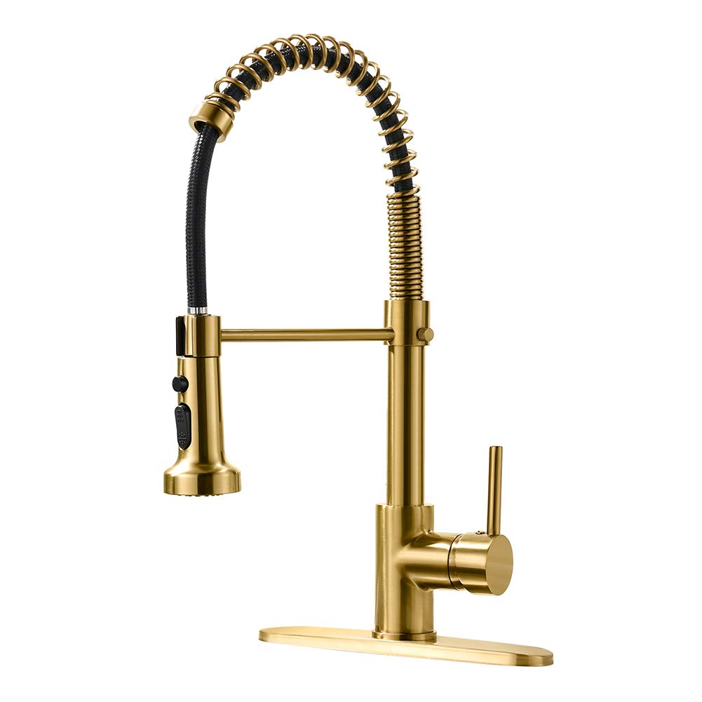 Aimadi Gold Kitchen Faucet With Pull Down Sprayer,Commercial Single Handle Brushed Gold Kitchen Sink Faucet With Deck Plate